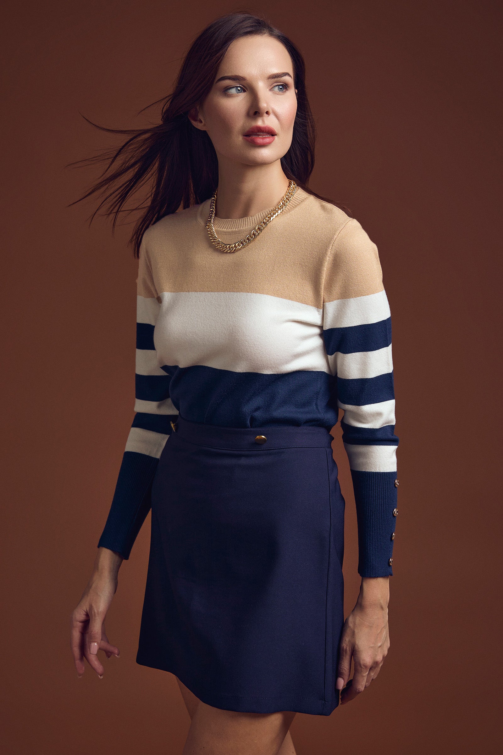 Blok Çizgili Kolu Düğme Detaylı Triko Kazak - Kemik - Sementa