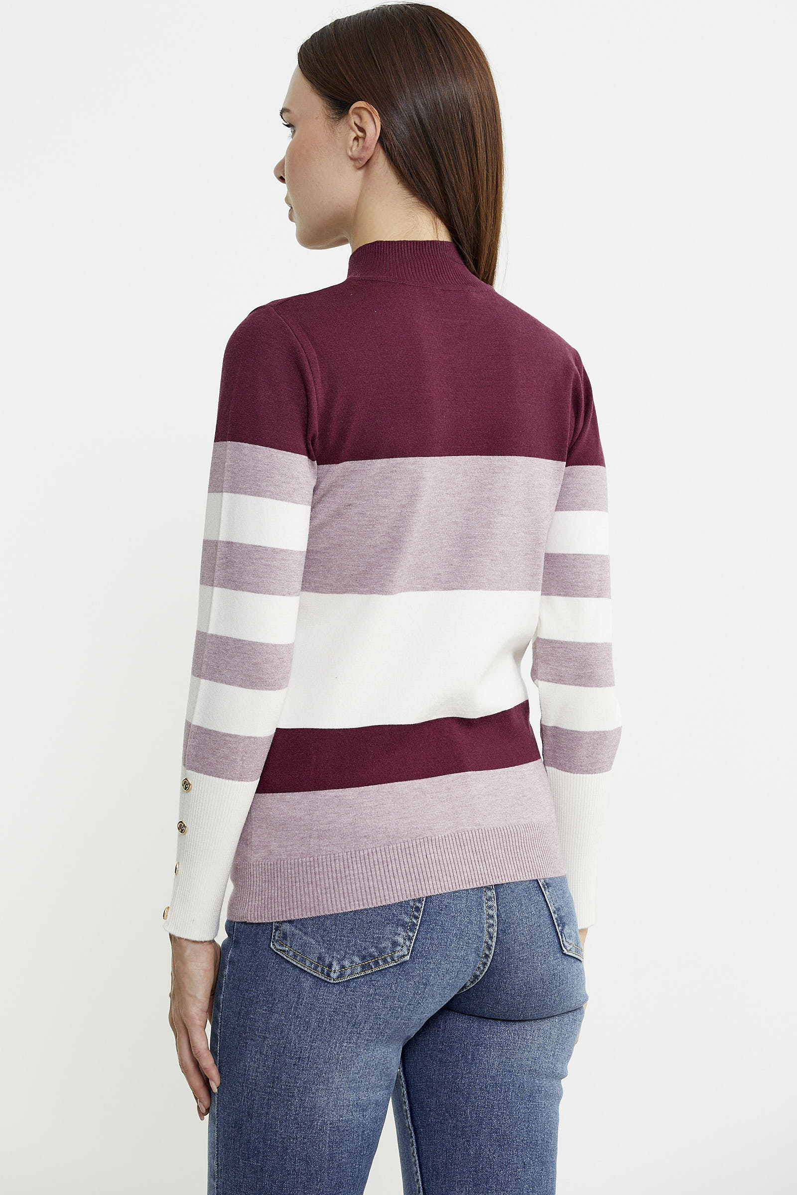 Blok Çizgili Yarım Balıkçı Triko Kazak - Gül - Sementa