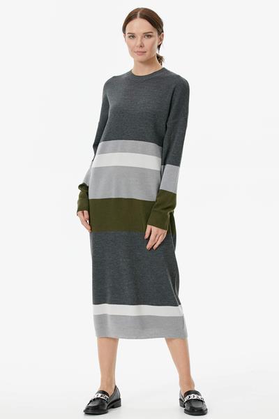 Blok Desen Renkli Triko Elbise - Gri (3) Sementa