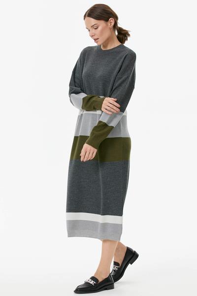 Blok Desen Renkli Triko Elbise - Gri (4) Sementa