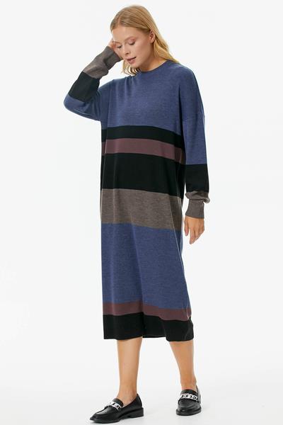 Blok Desen Renkli Triko Elbise - Siyah (3) Sementa