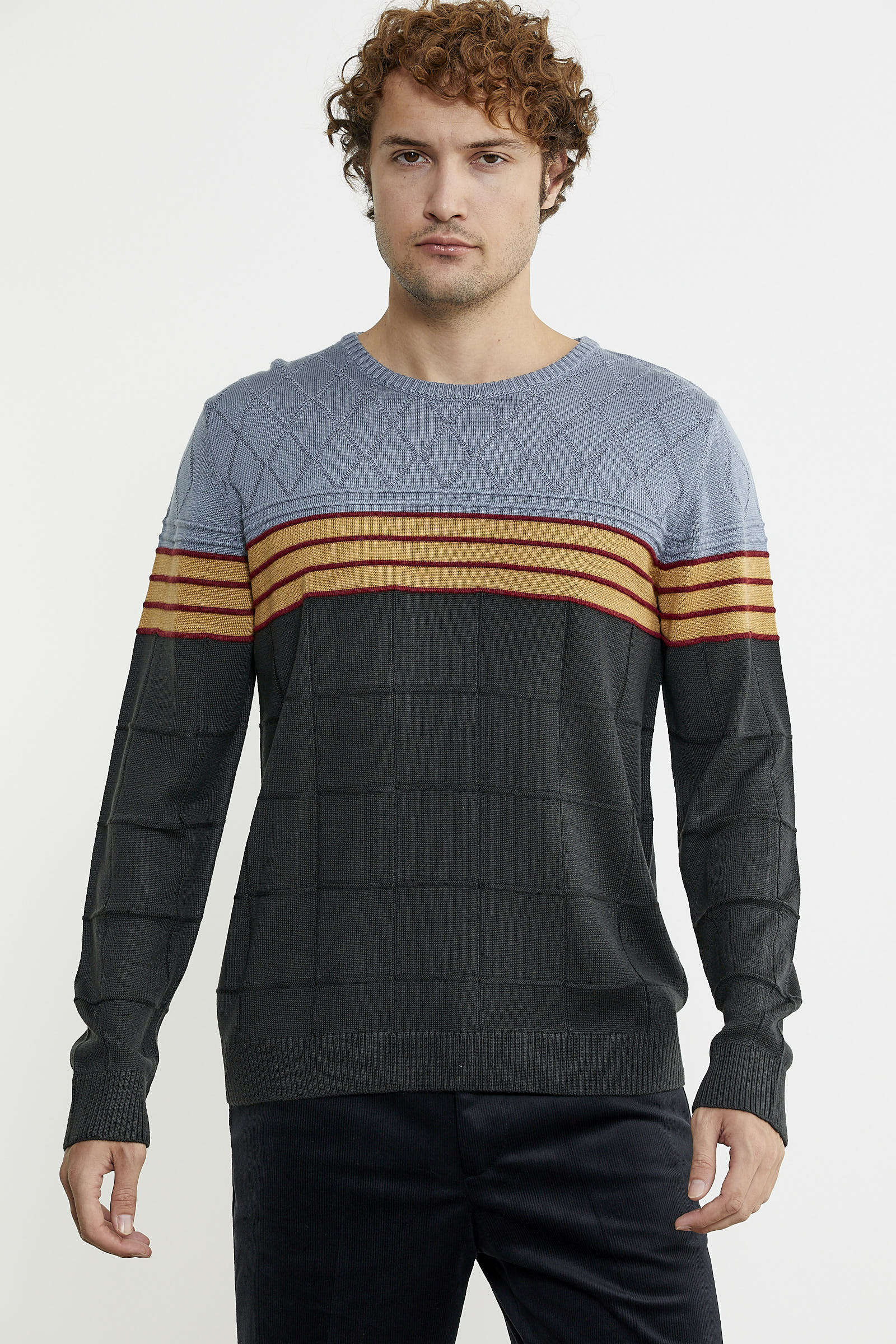 Blok Desen Sıfır Yaka Triko Kazak - Antrasit - Sementa