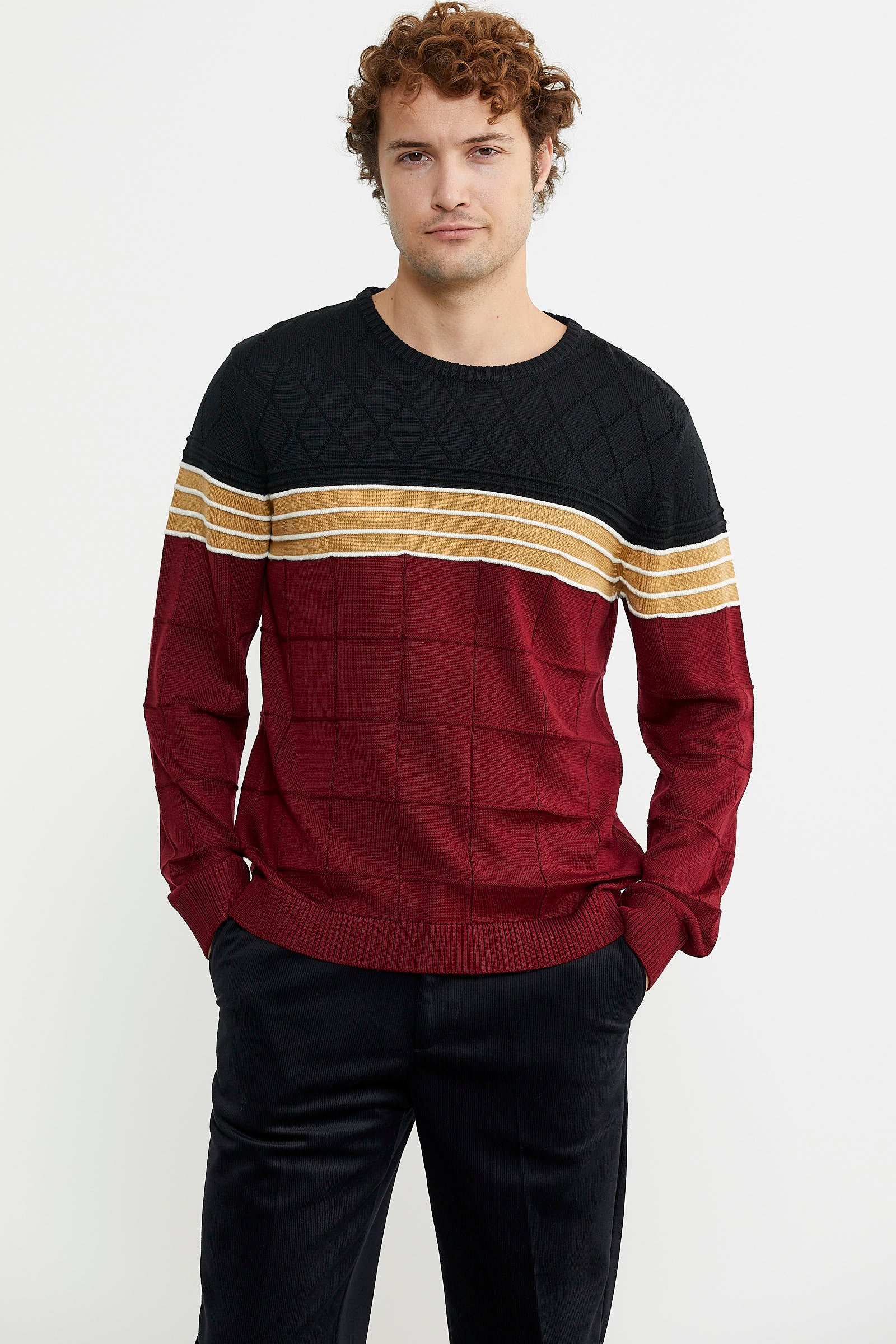 Blok Desen Sıfır Yaka Triko Kazak - Bordo - Sementa