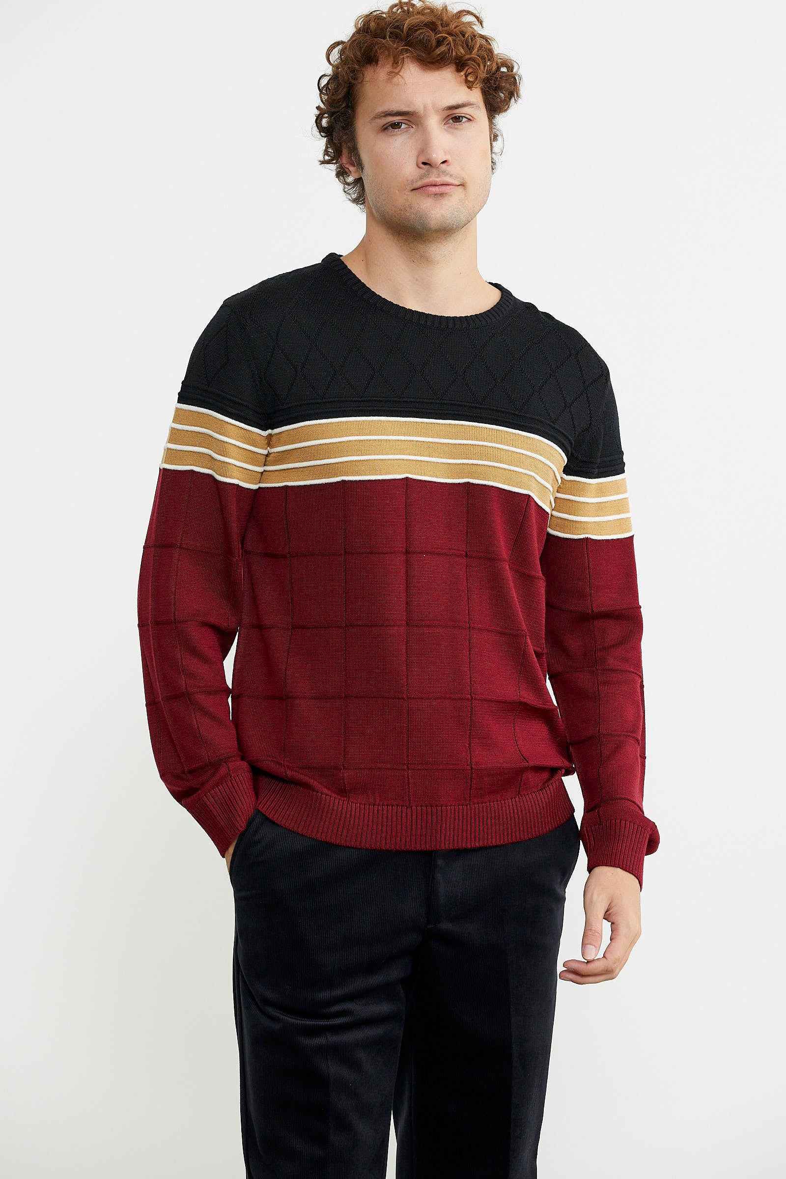 Blok Desen Sıfır Yaka Triko Kazak - Bordo - Sementa