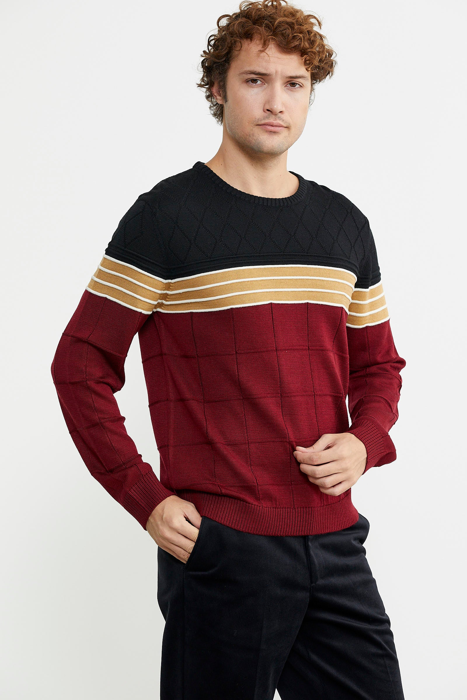 Blok Desen Sıfır Yaka Triko Kazak - Bordo - Sementa