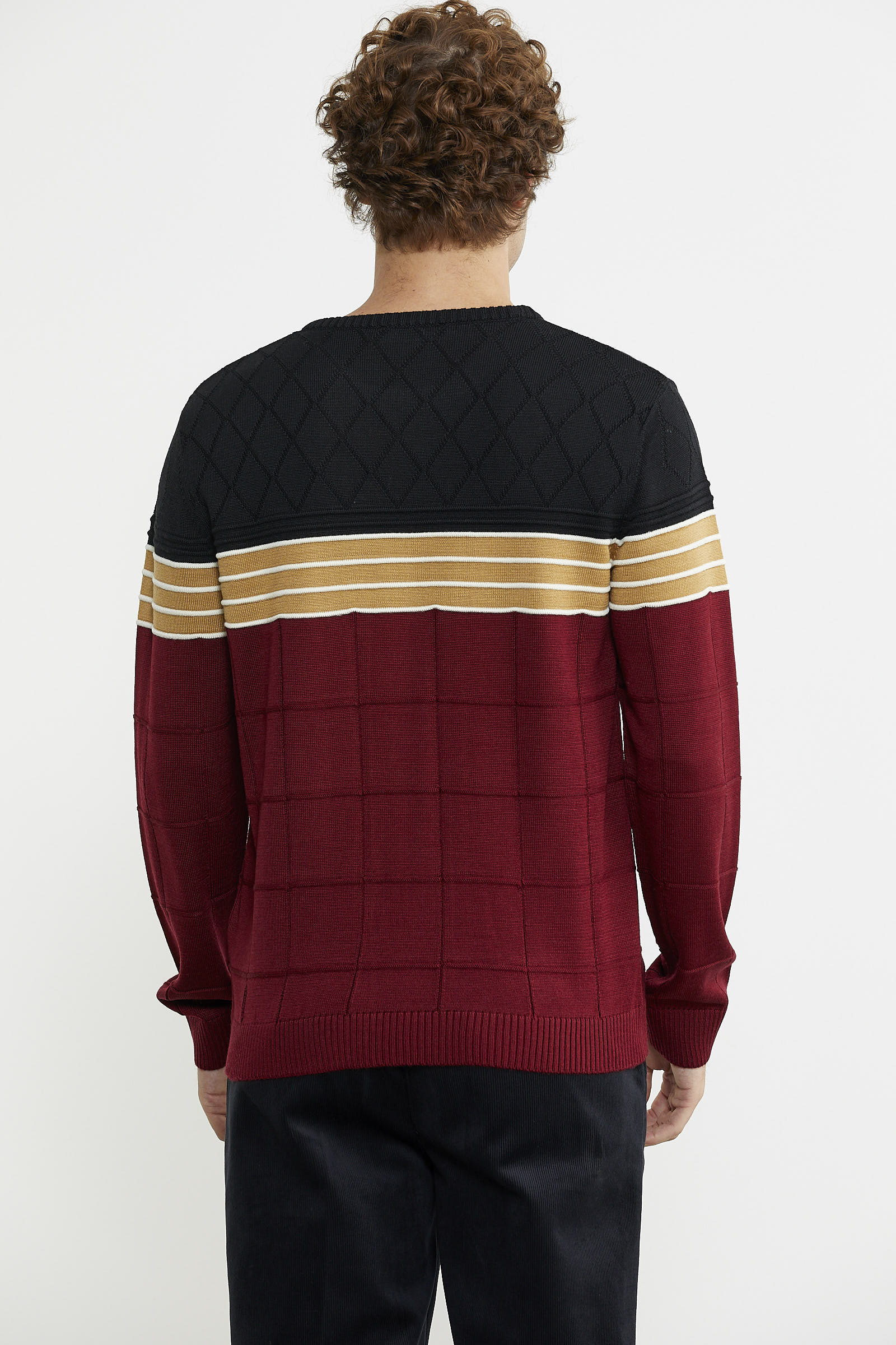 Blok Desen Sıfır Yaka Triko Kazak - Bordo - Sementa