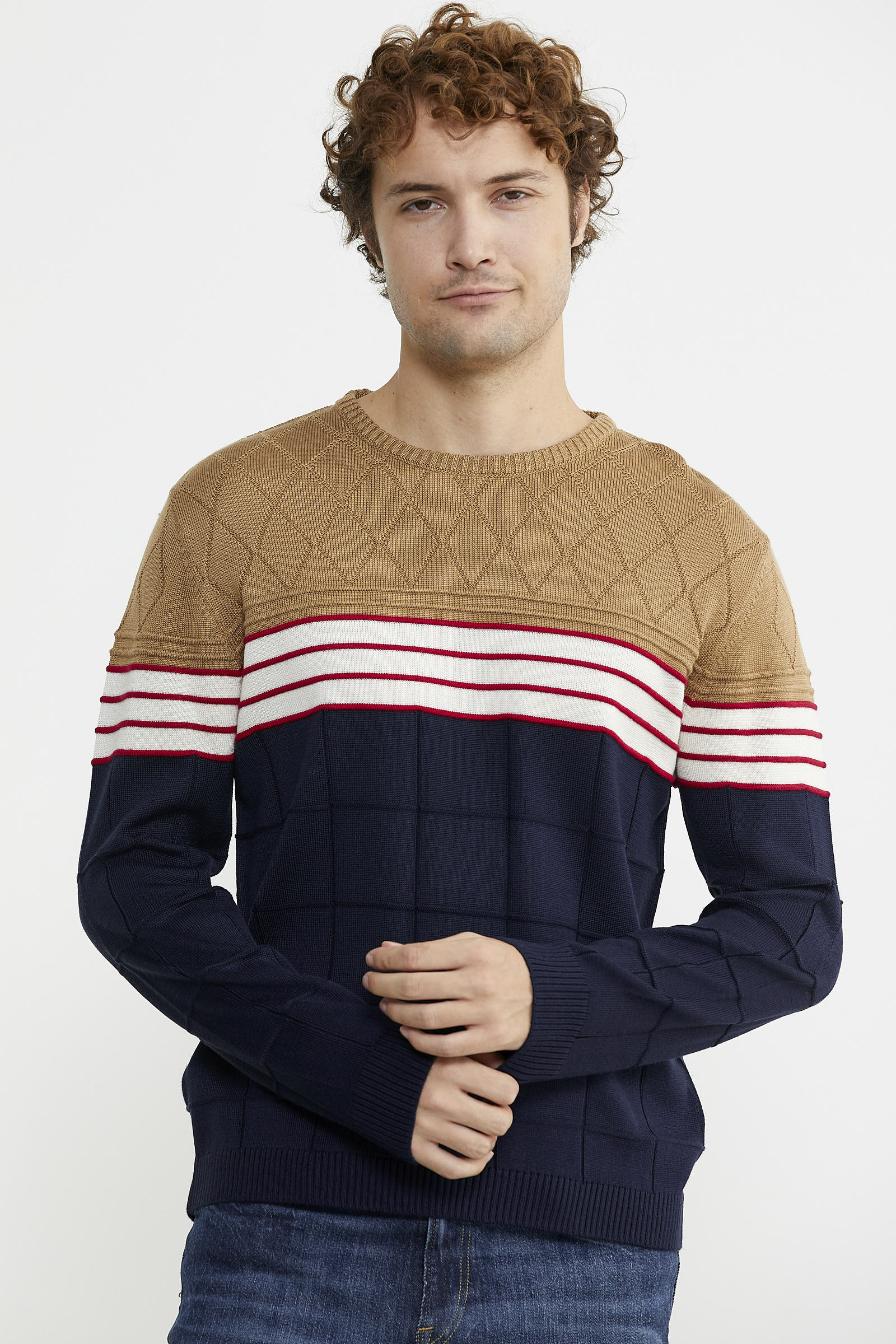 Blok Desen Sıfır Yaka Triko Kazak - Lacivert - Sementa