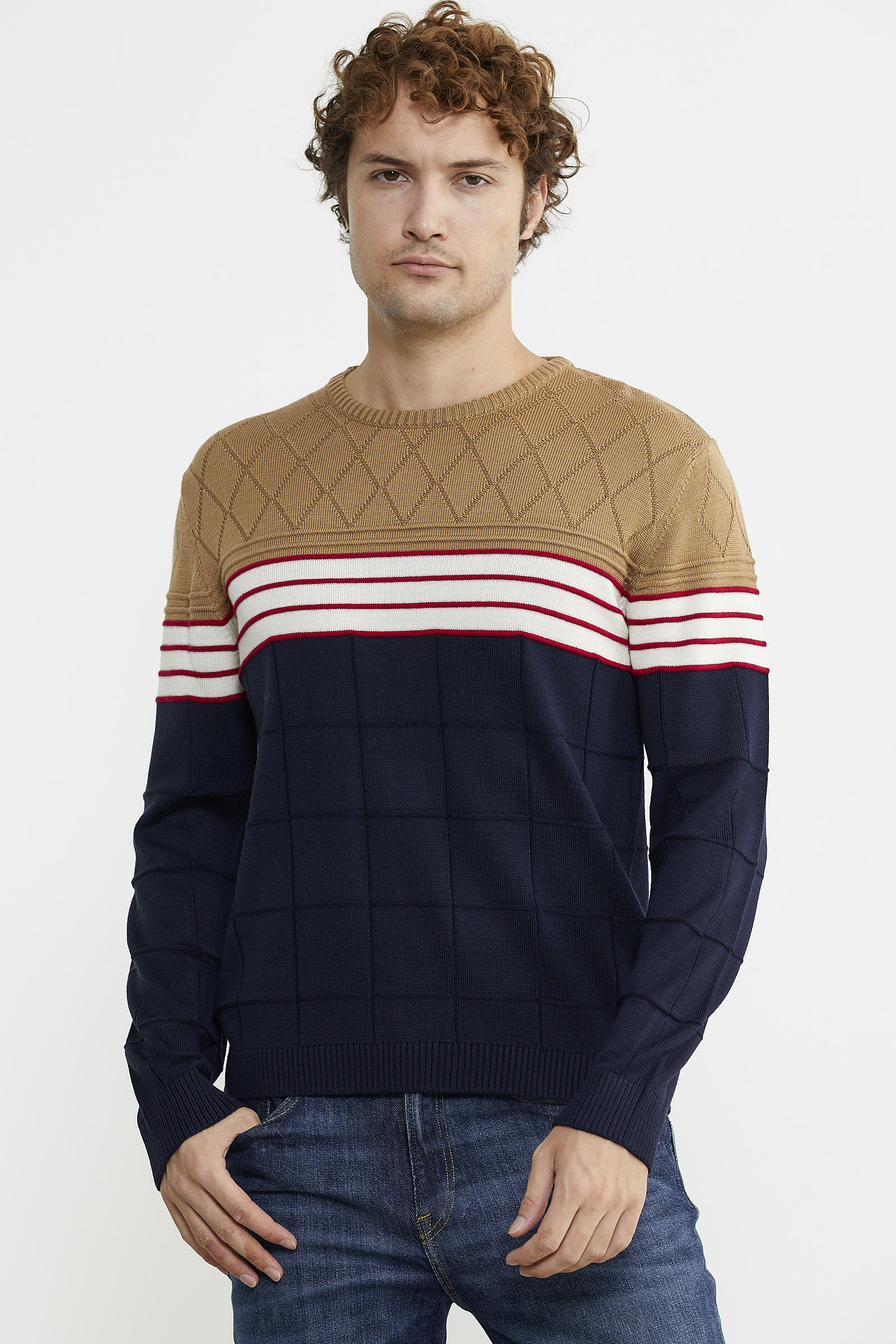 Blok Desen Sıfır Yaka Triko Kazak - Lacivert - Sementa