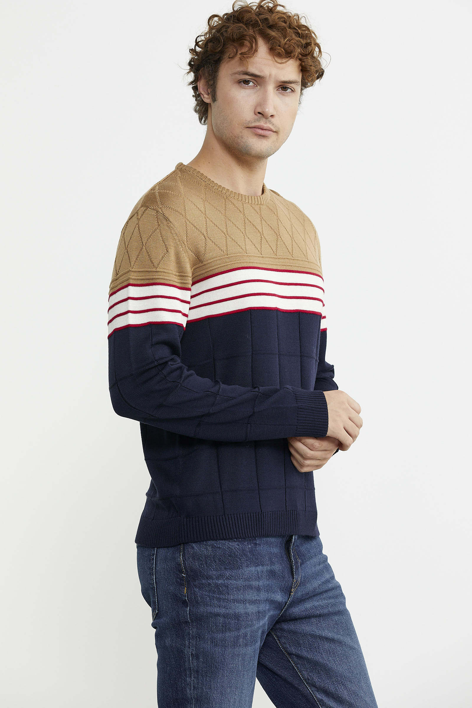 Blok Desen Sıfır Yaka Triko Kazak - Lacivert - Sementa