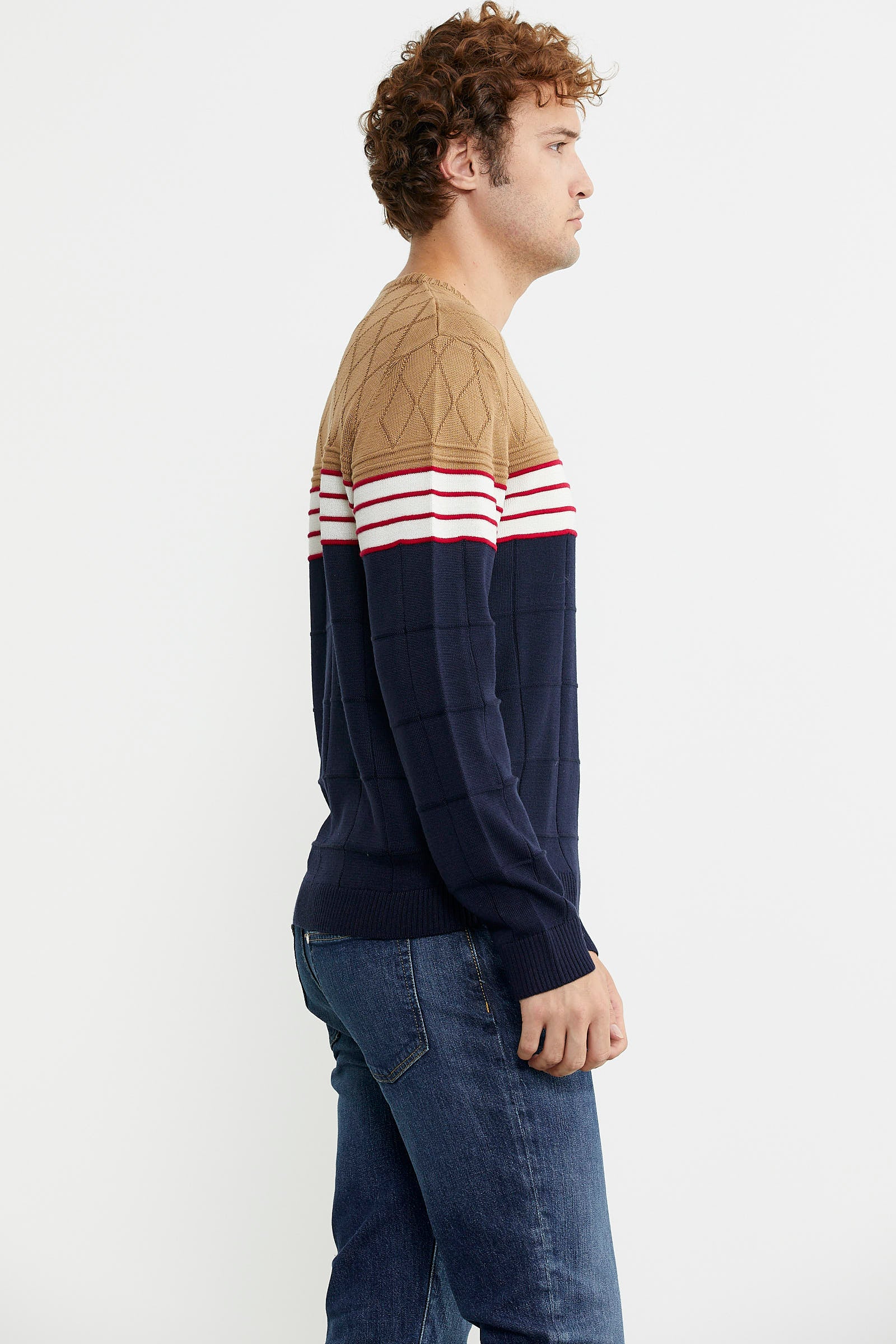 Blok Desen Sıfır Yaka Triko Kazak - Lacivert - Sementa