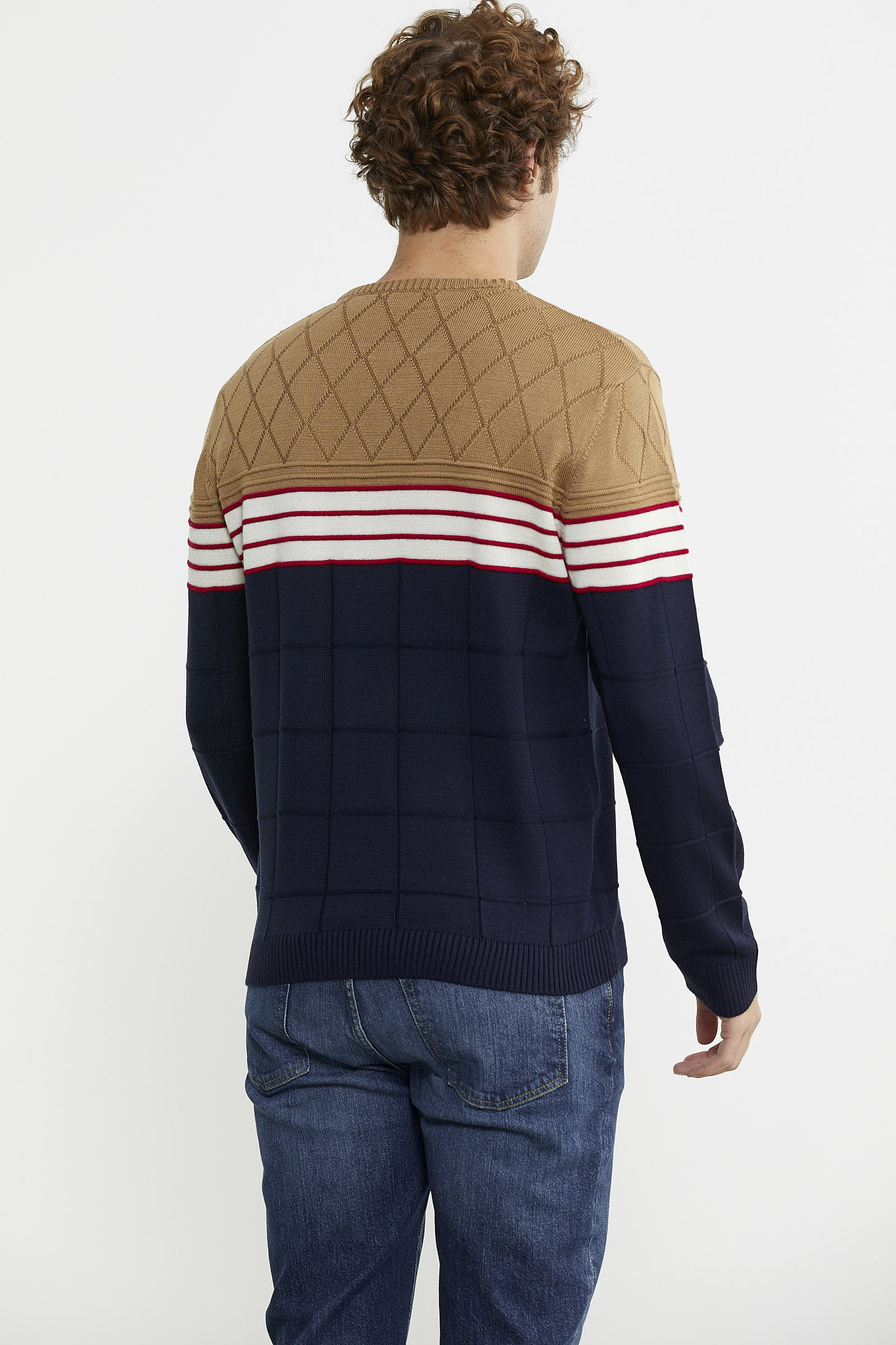 Blok Desen Sıfır Yaka Triko Kazak - Lacivert - Sementa