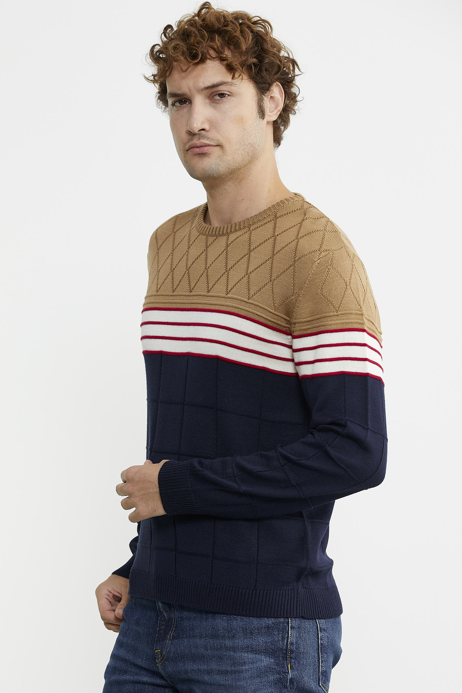 Blok Desen Sıfır Yaka Triko Kazak - Lacivert - Sementa