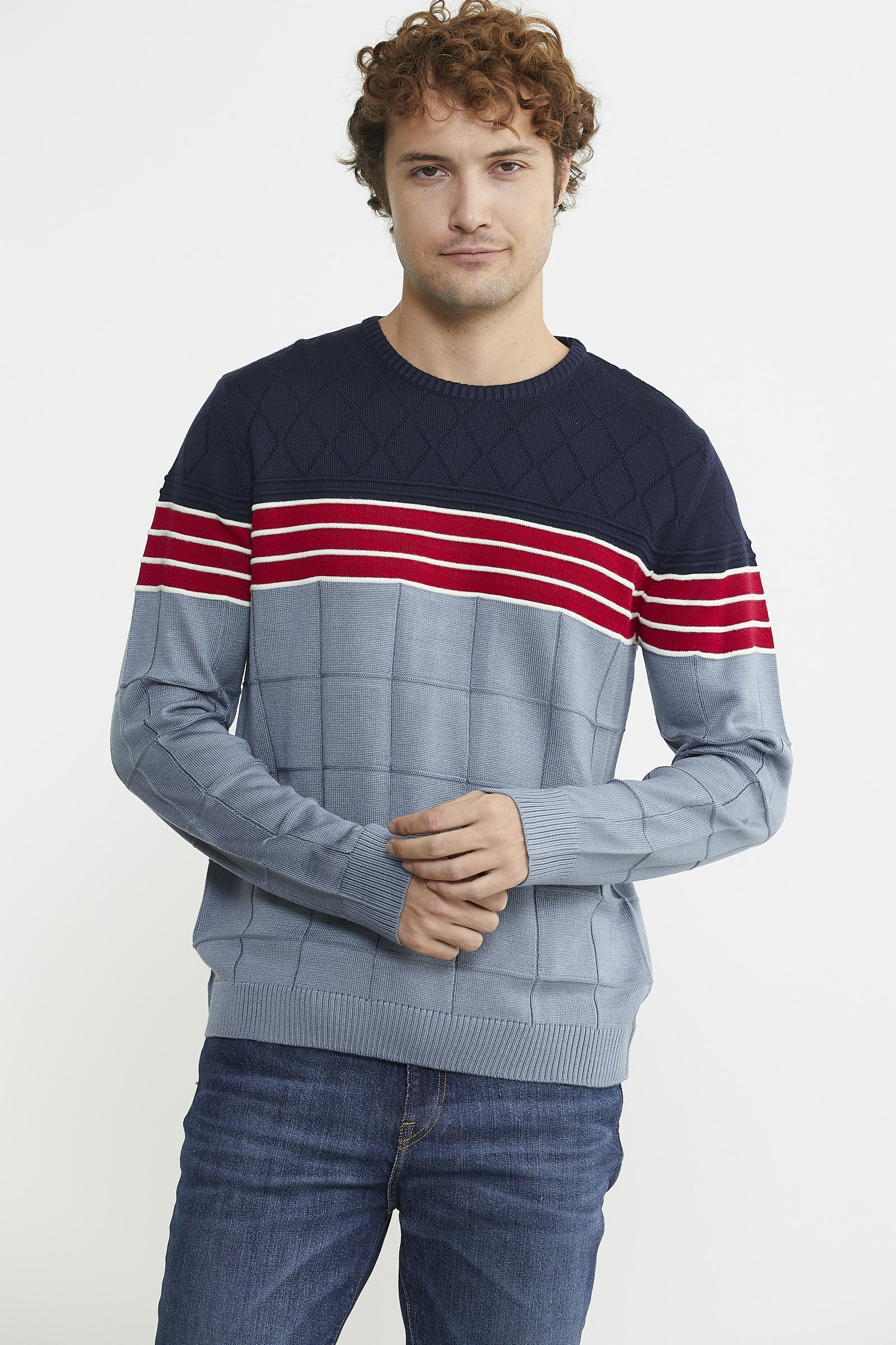 Blok Desen Sıfır Yaka Triko Kazak - Mavi - Sementa