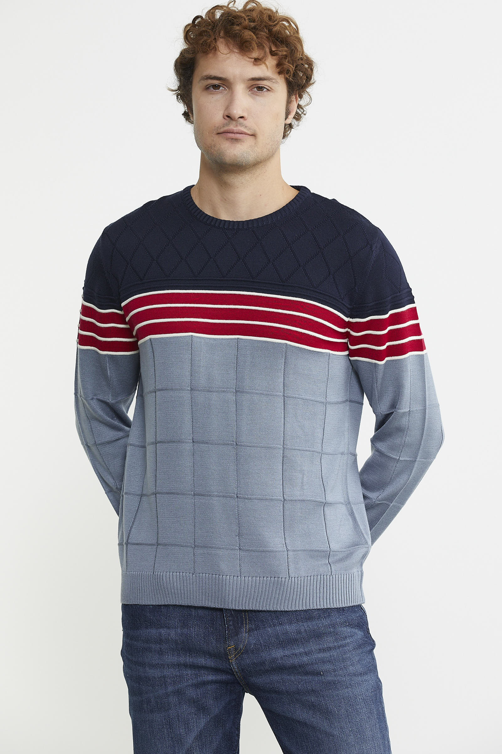 Blok Desen Sıfır Yaka Triko Kazak - Mavi - Sementa