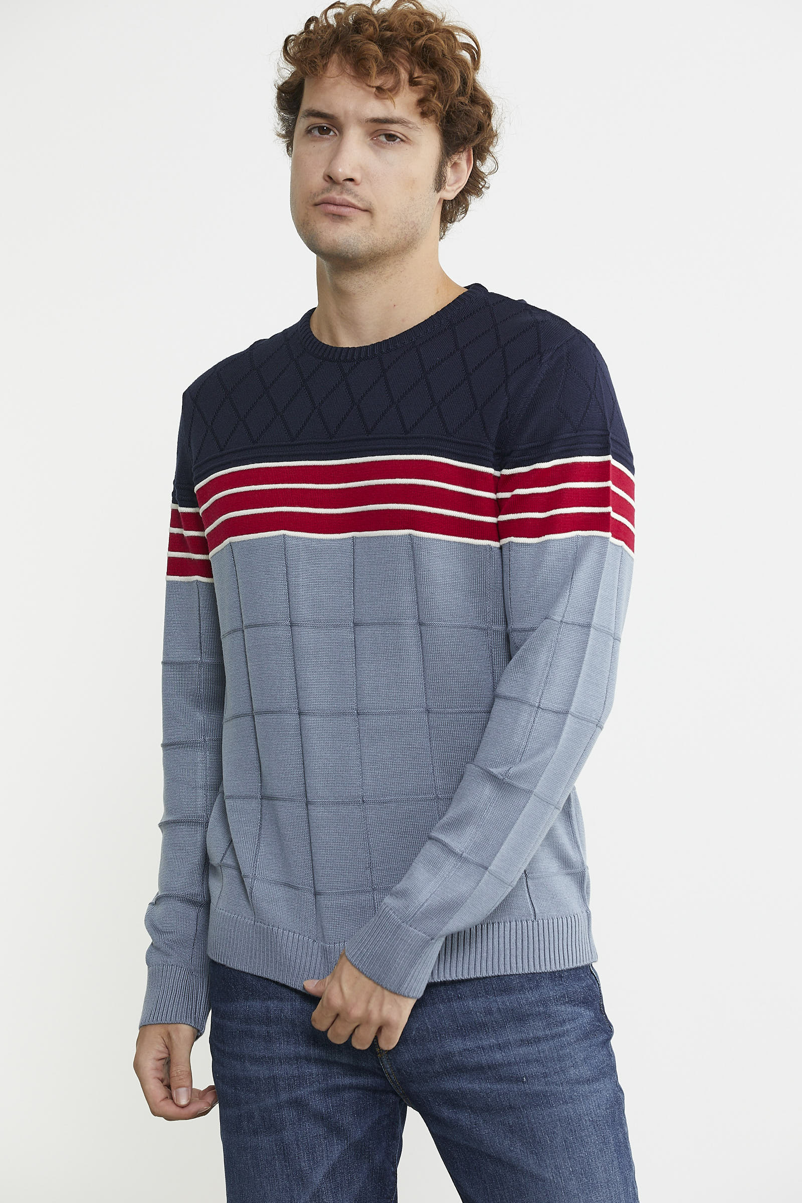 Blok Desen Sıfır Yaka Triko Kazak - Mavi - Sementa