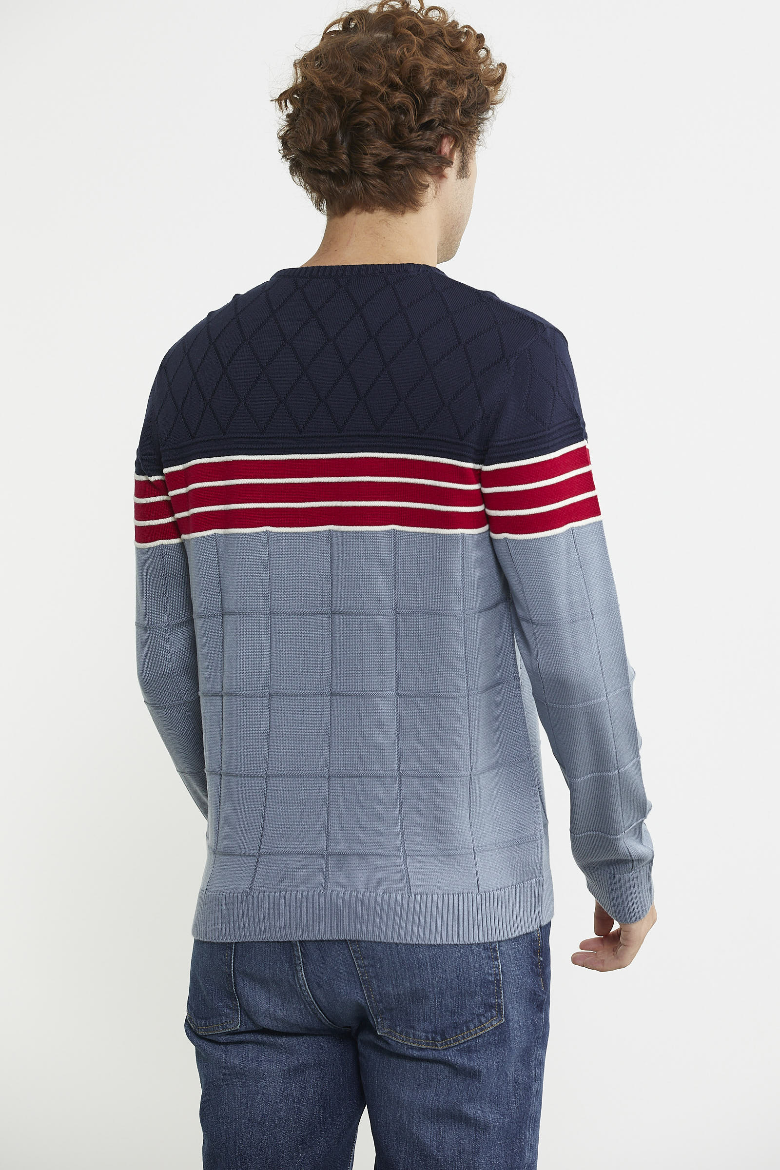 Blok Desen Sıfır Yaka Triko Kazak - Mavi - Sementa