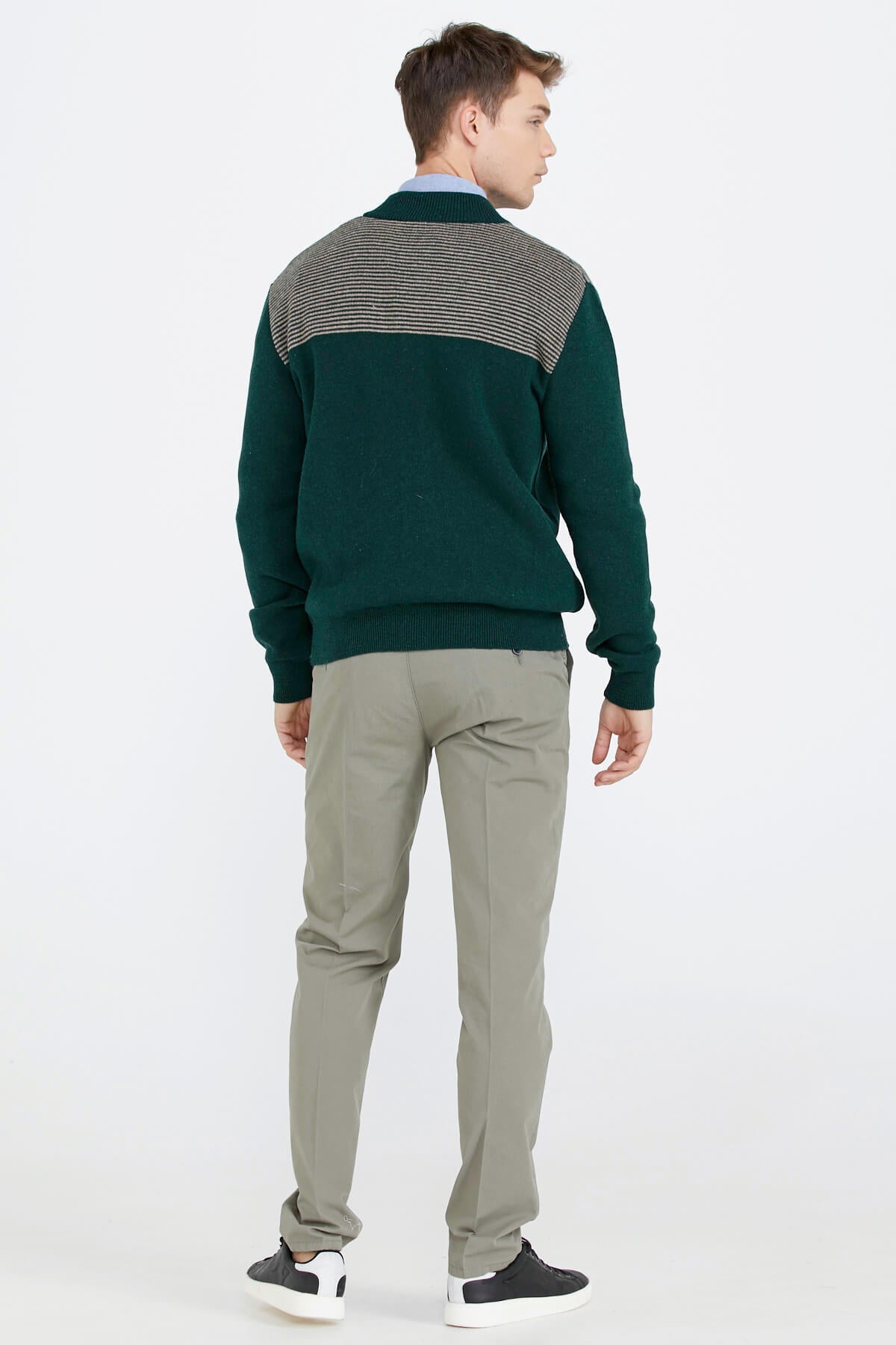 Blok Desenli Cepli Erkek Triko Ceket - Koyu Yeşil (4) Sementa