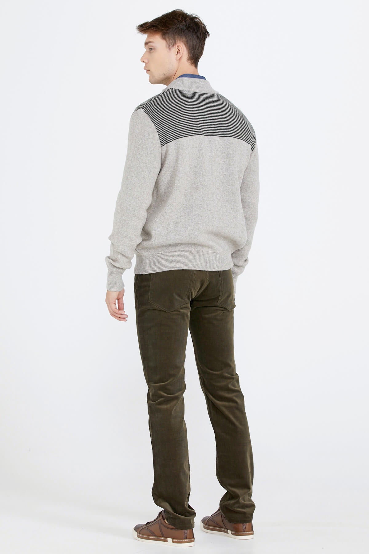 Blok Desenli Cepli Erkek Triko Ceket - Vizon (4) Sementa