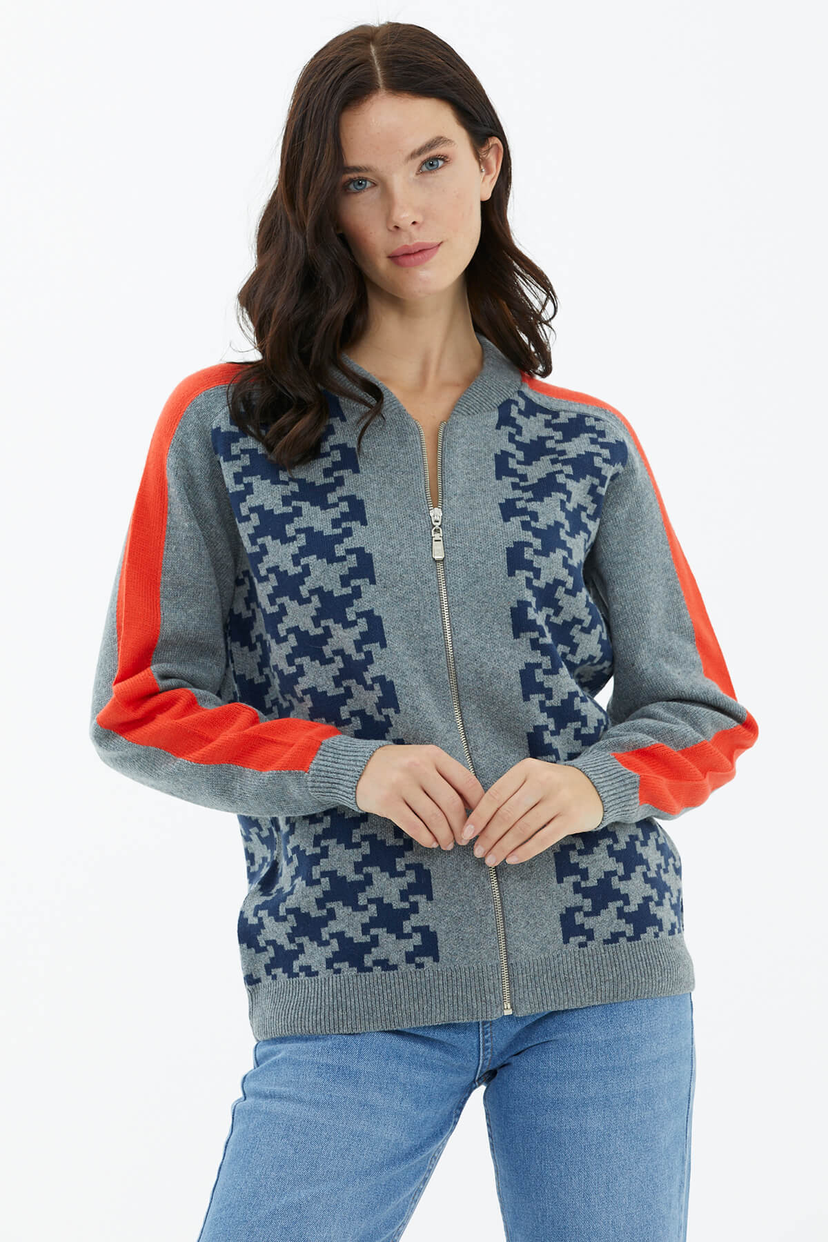 Blok Desenli Fermuarlı Triko Hırka - Gri (1) Sementa