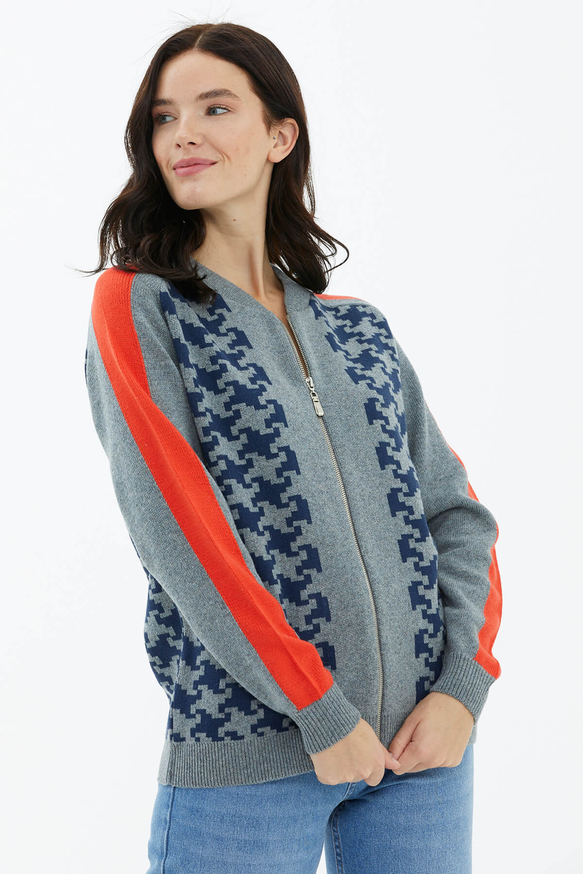 Blok Desenli Fermuarlı Triko Hırka - Gri (2) Sementa