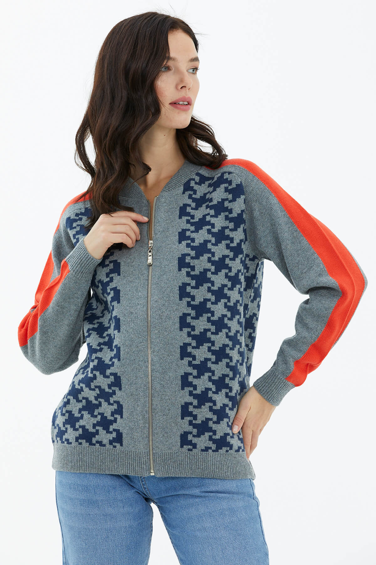 Blok Desenli Fermuarlı Triko Hırka - Gri (3) Sementa