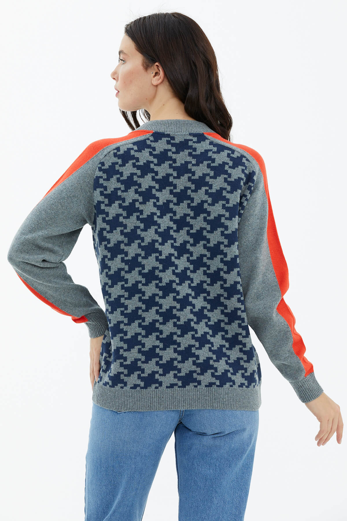 Blok Desenli Fermuarlı Triko Hırka - Gri (4) Sementa