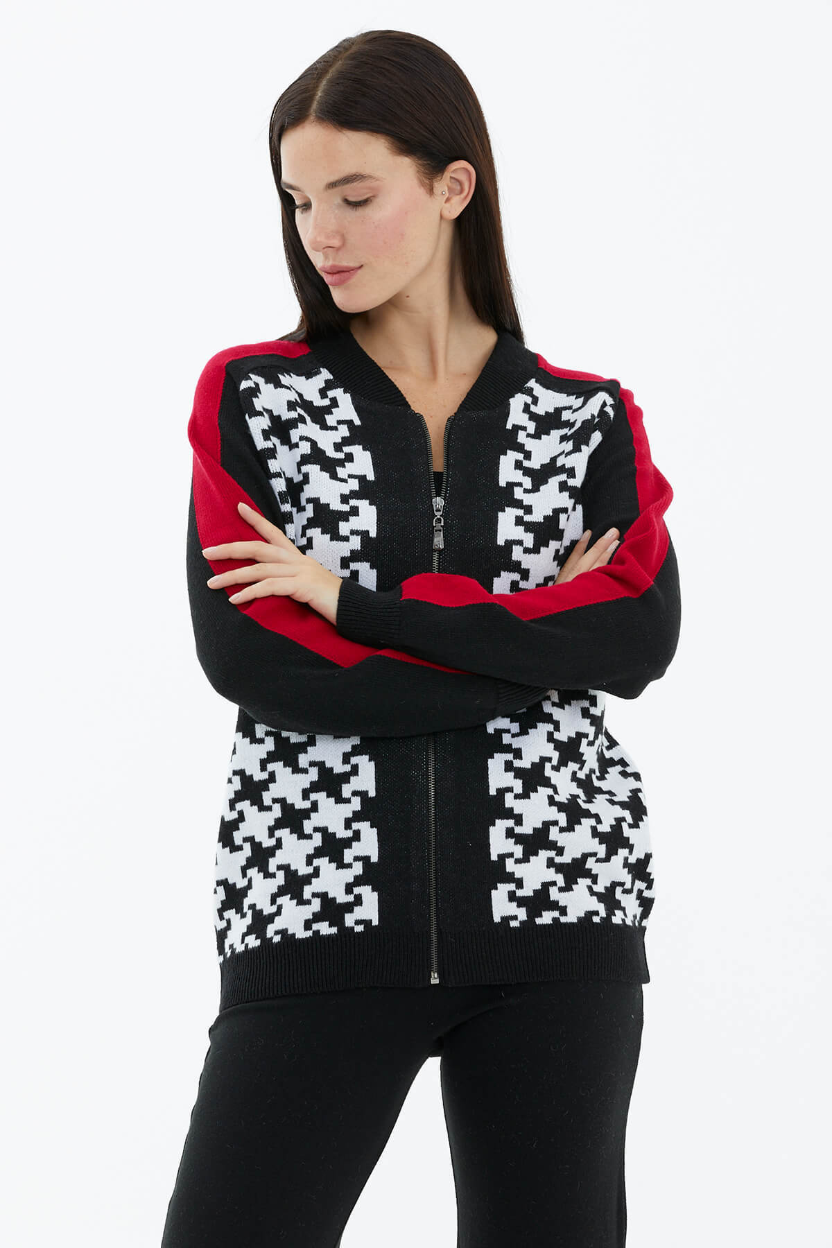 Blok Desenli Fermuarlı Triko Hırka - Siyah (3) Sementa