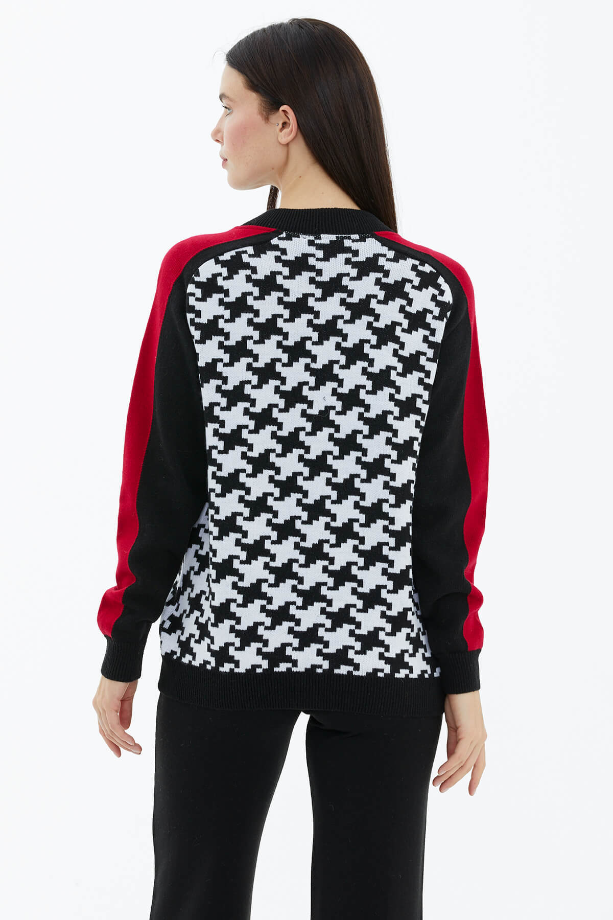 Blok Desenli Fermuarlı Triko Hırka - Siyah (4) Sementa