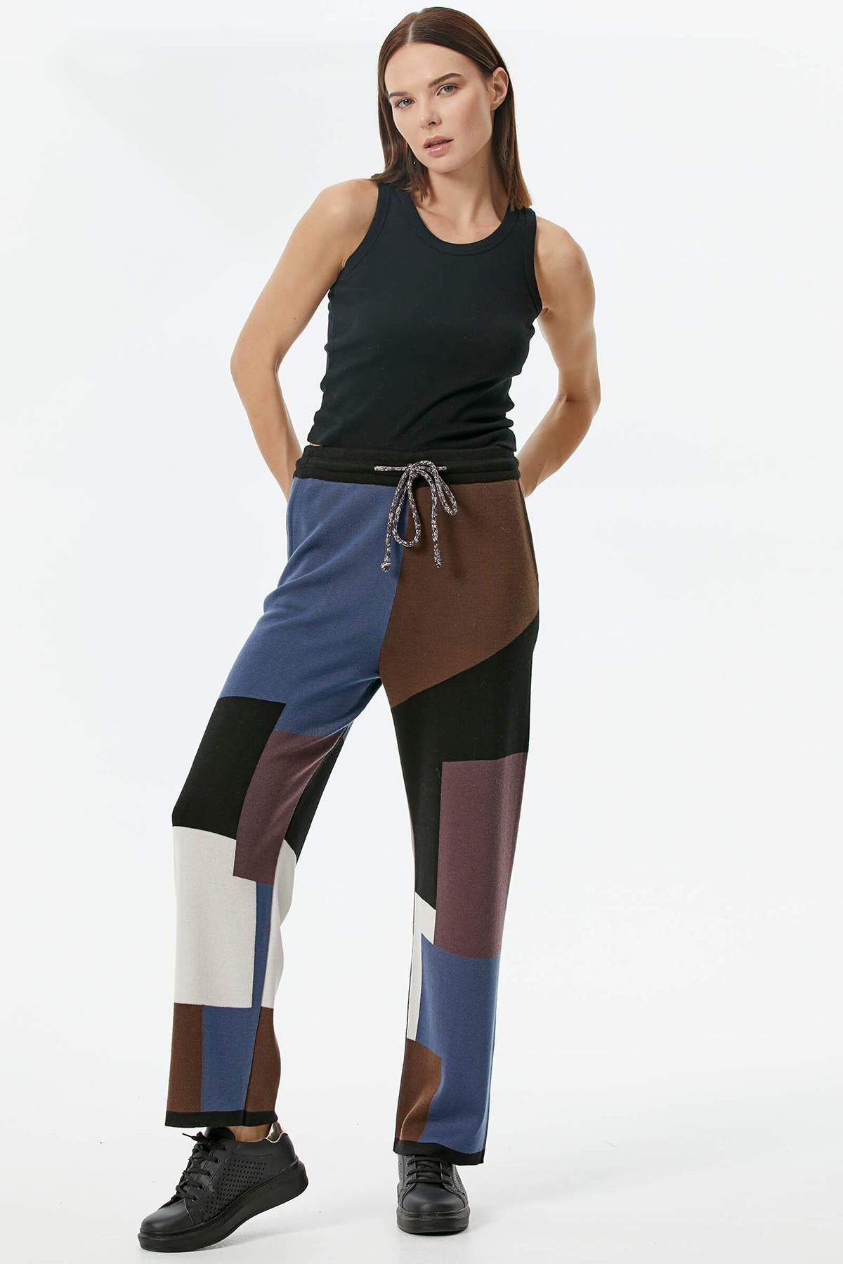 Blok Desenli Renkli Triko Pantolon - Siyah (4) Sementa