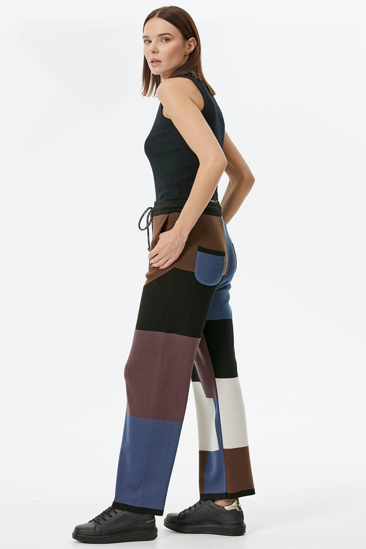 Blok Desenli Renkli Triko Pantolon - Siyah (5) Sementa