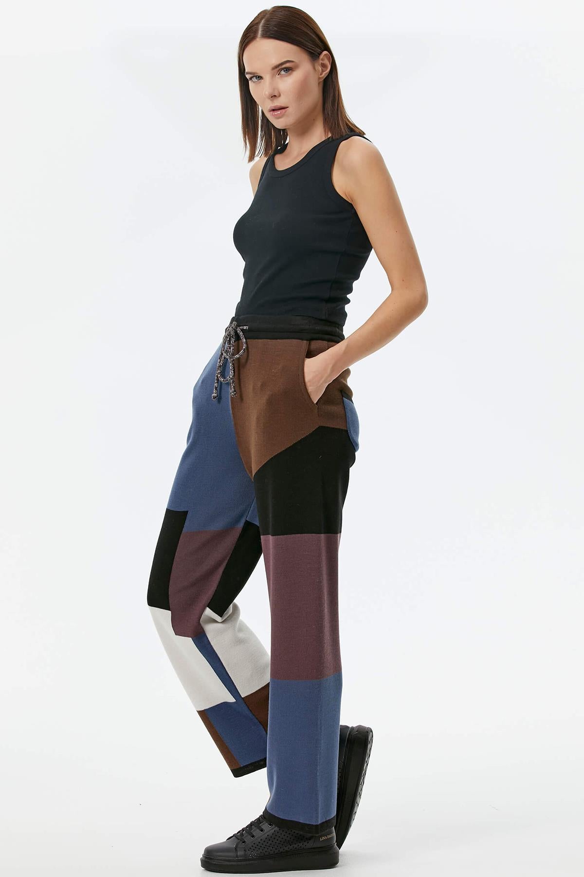 Blok Desenli Renkli Triko Pantolon - Siyah (6) Sementa