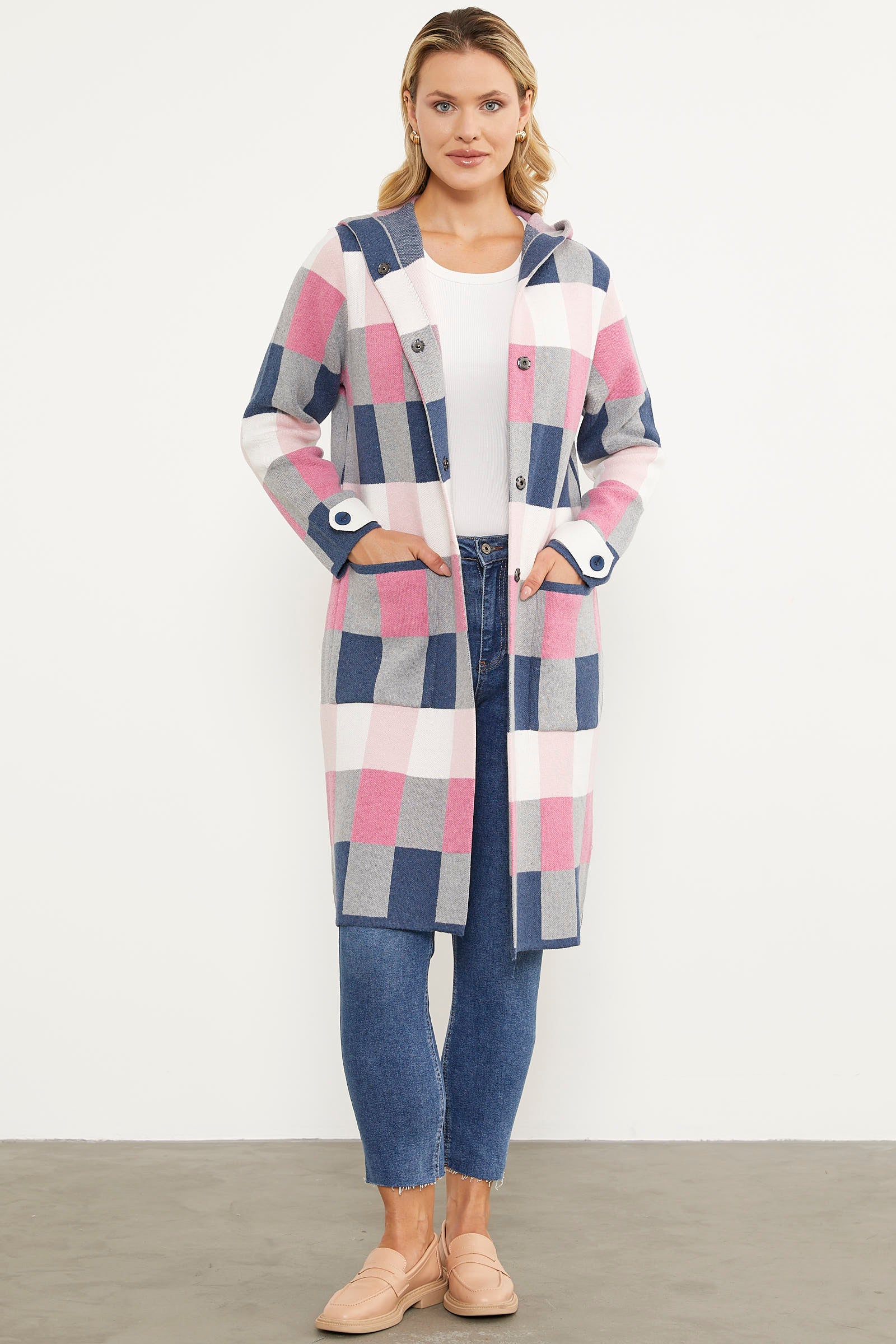 Blok Desenli Renkli Uzun Hırka - Indigo (1) Sementa