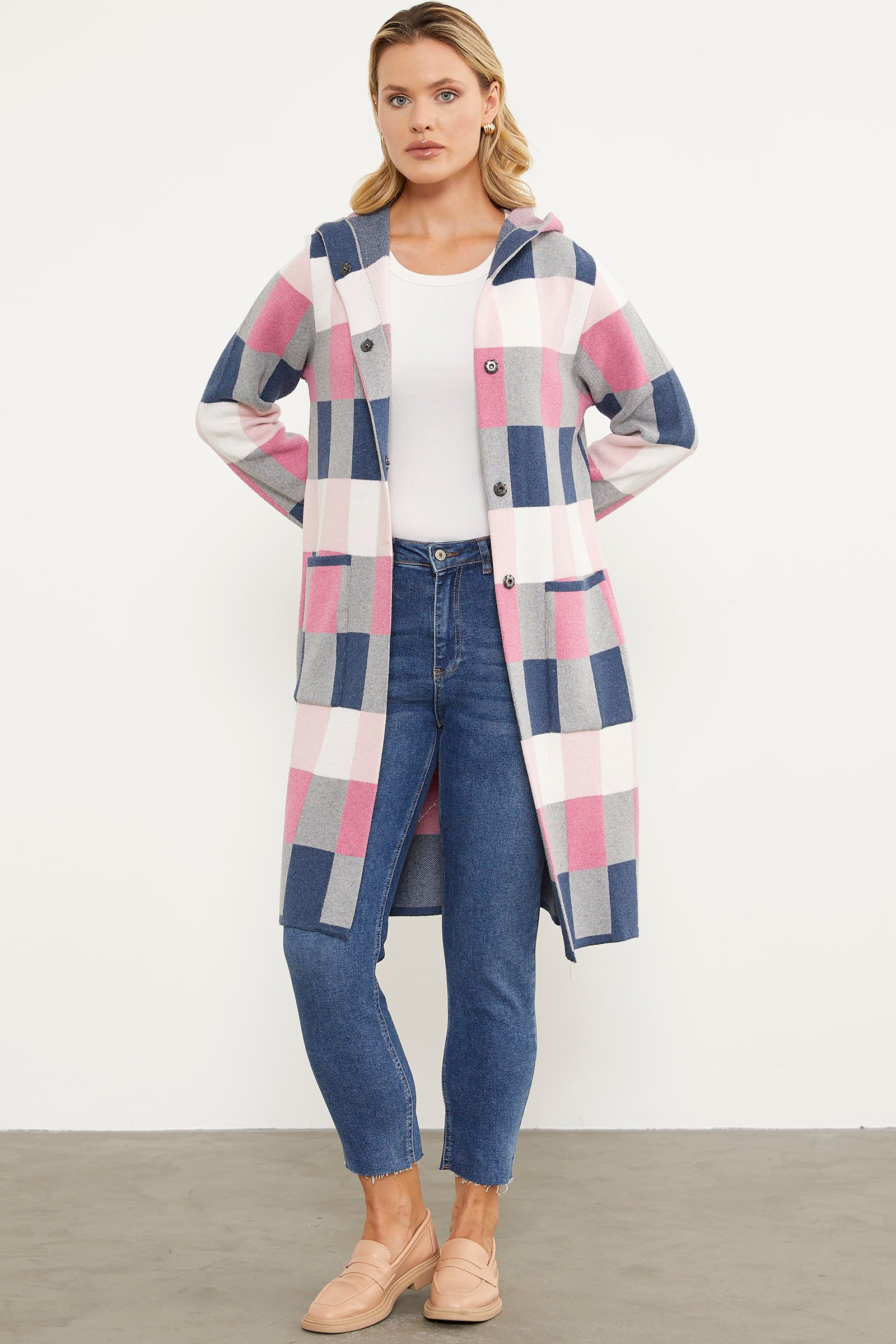 Blok Desenli Renkli Uzun Hırka - Indigo (2) Sementa