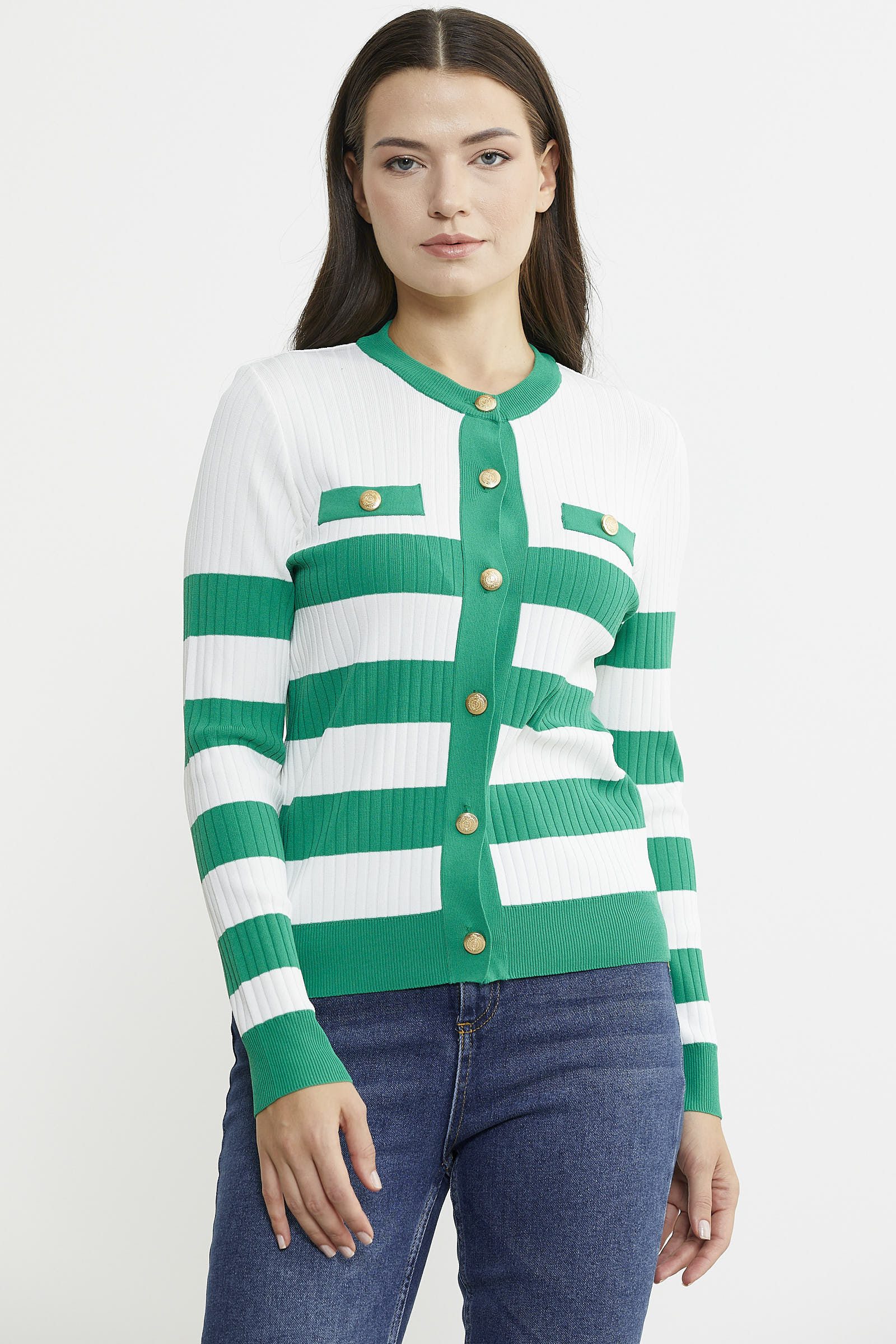 Blok Geçişli Çift Renk Triko Hırka - Yeşil - Sementa