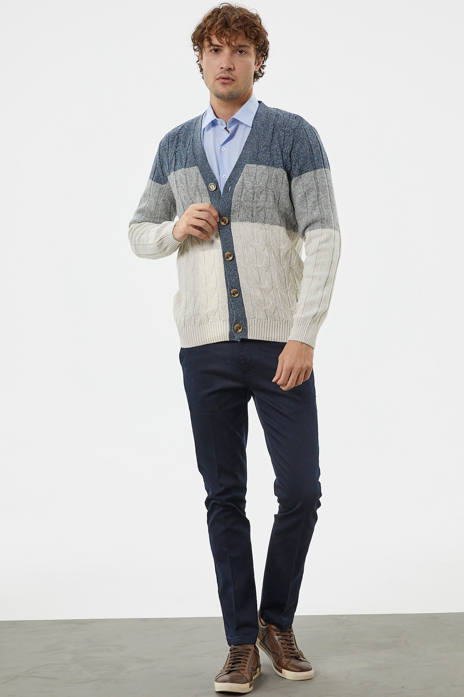 Blok Renk Geçişli Triko Hırka - Beyaz (3) Sementa