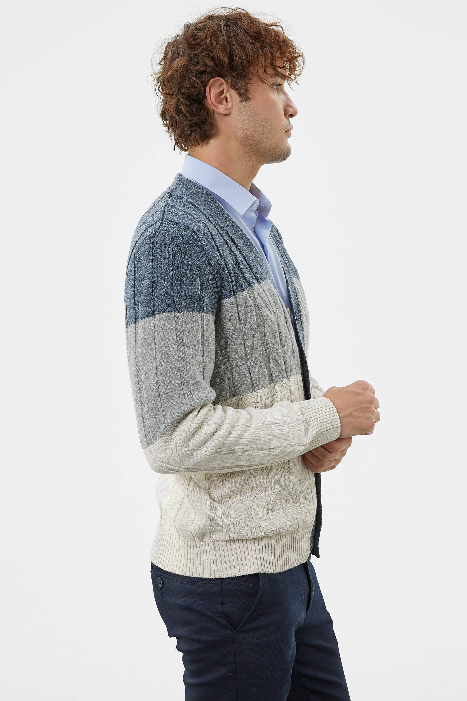 Blok Renk Geçişli Triko Hırka - Beyaz (4) Sementa