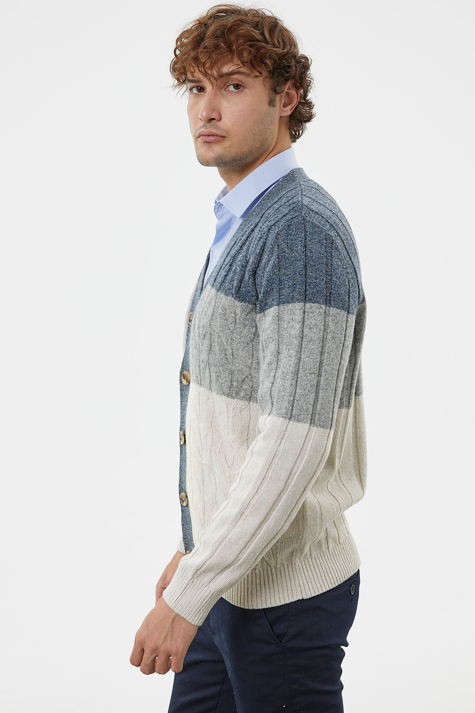 Blok Renk Geçişli Triko Hırka - Beyaz (5) Sementa