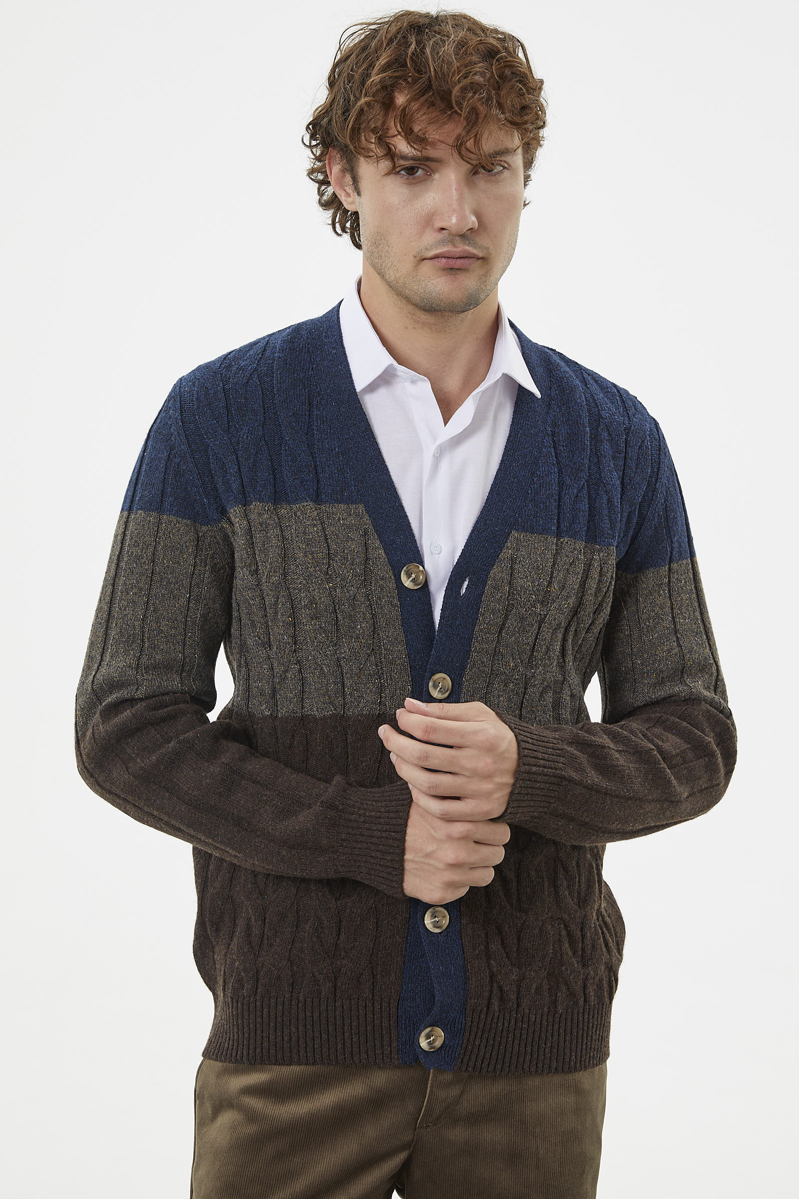 Blok Renk Geçişli Triko Hırka - Kahve (2) Sementa