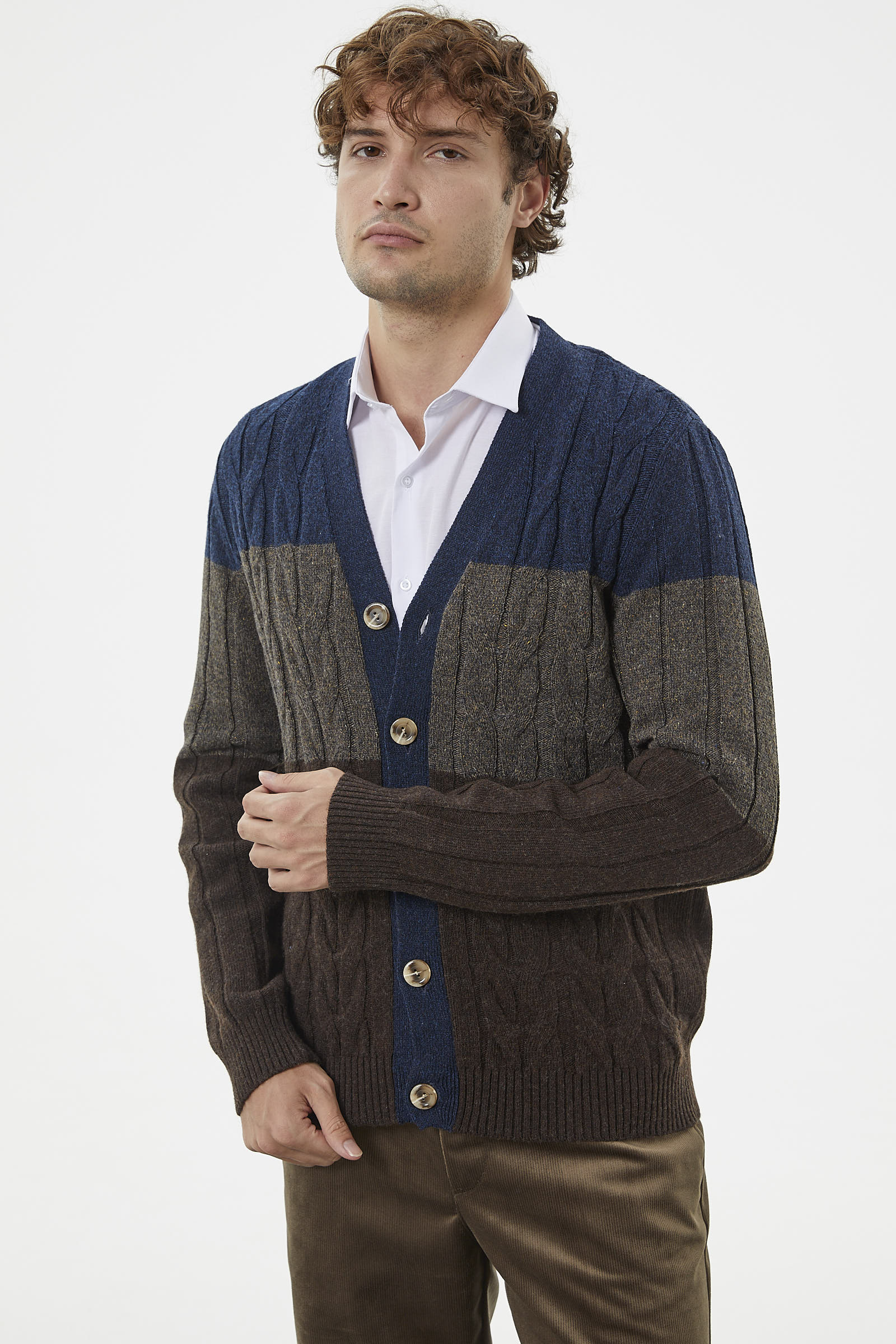 Blok Renk Geçişli Triko Hırka - Kahve (3) Sementa