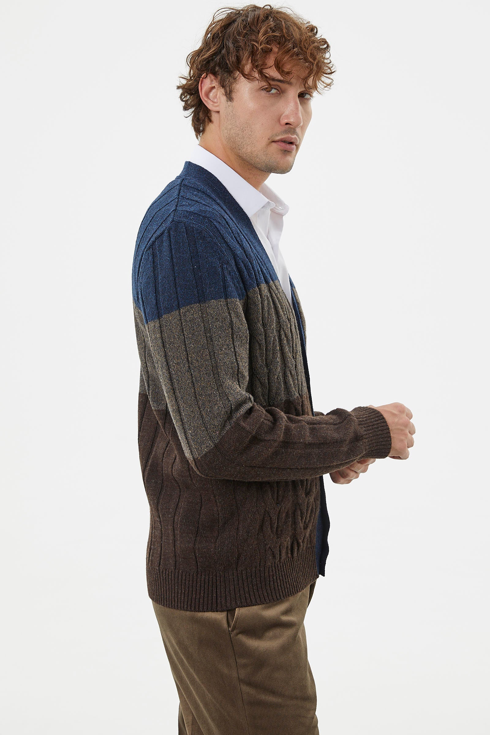 Blok Renk Geçişli Triko Hırka - Kahve (4) Sementa