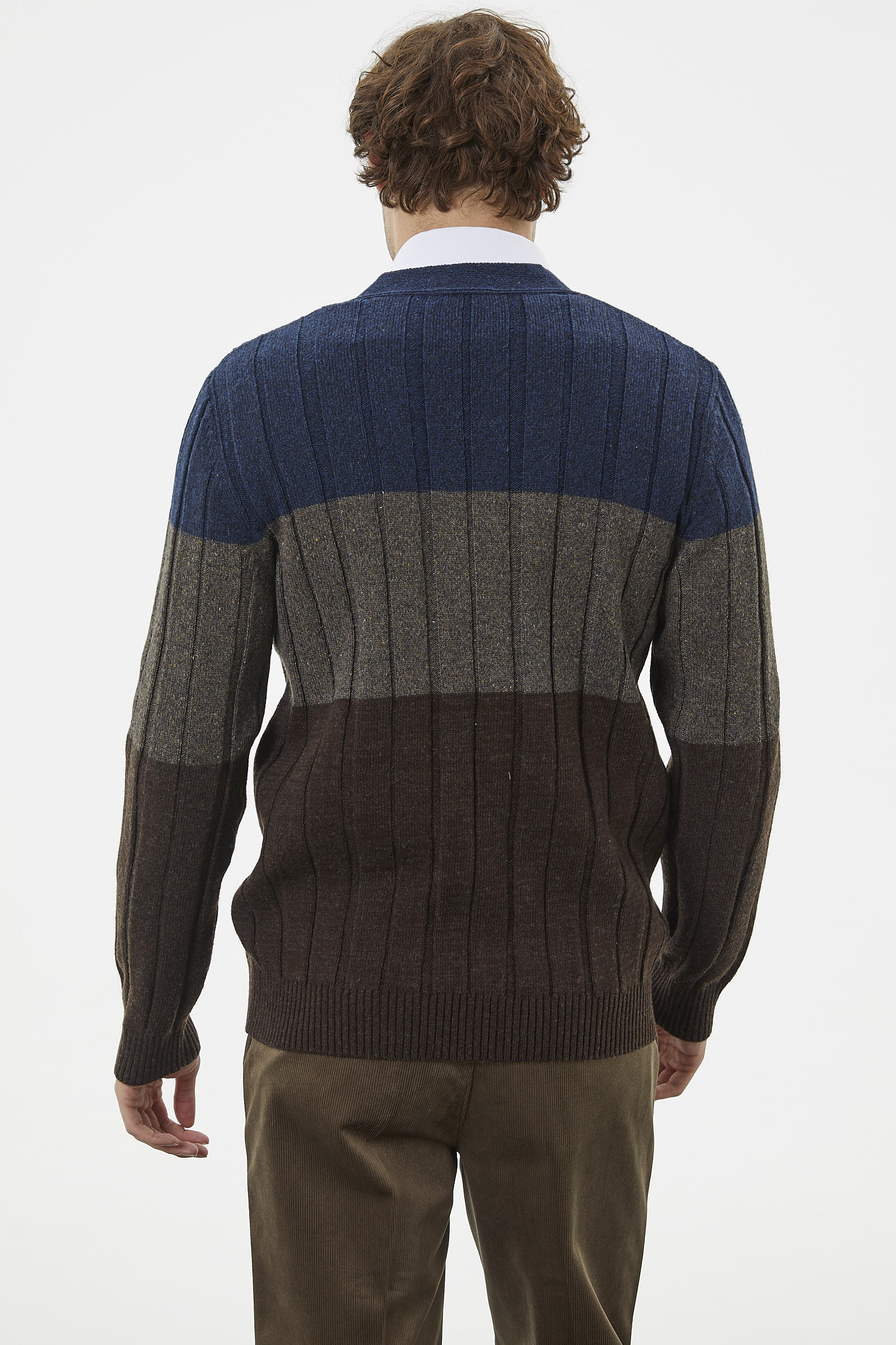 Blok Renk Geçişli Triko Hırka - Kahve (5) Sementa