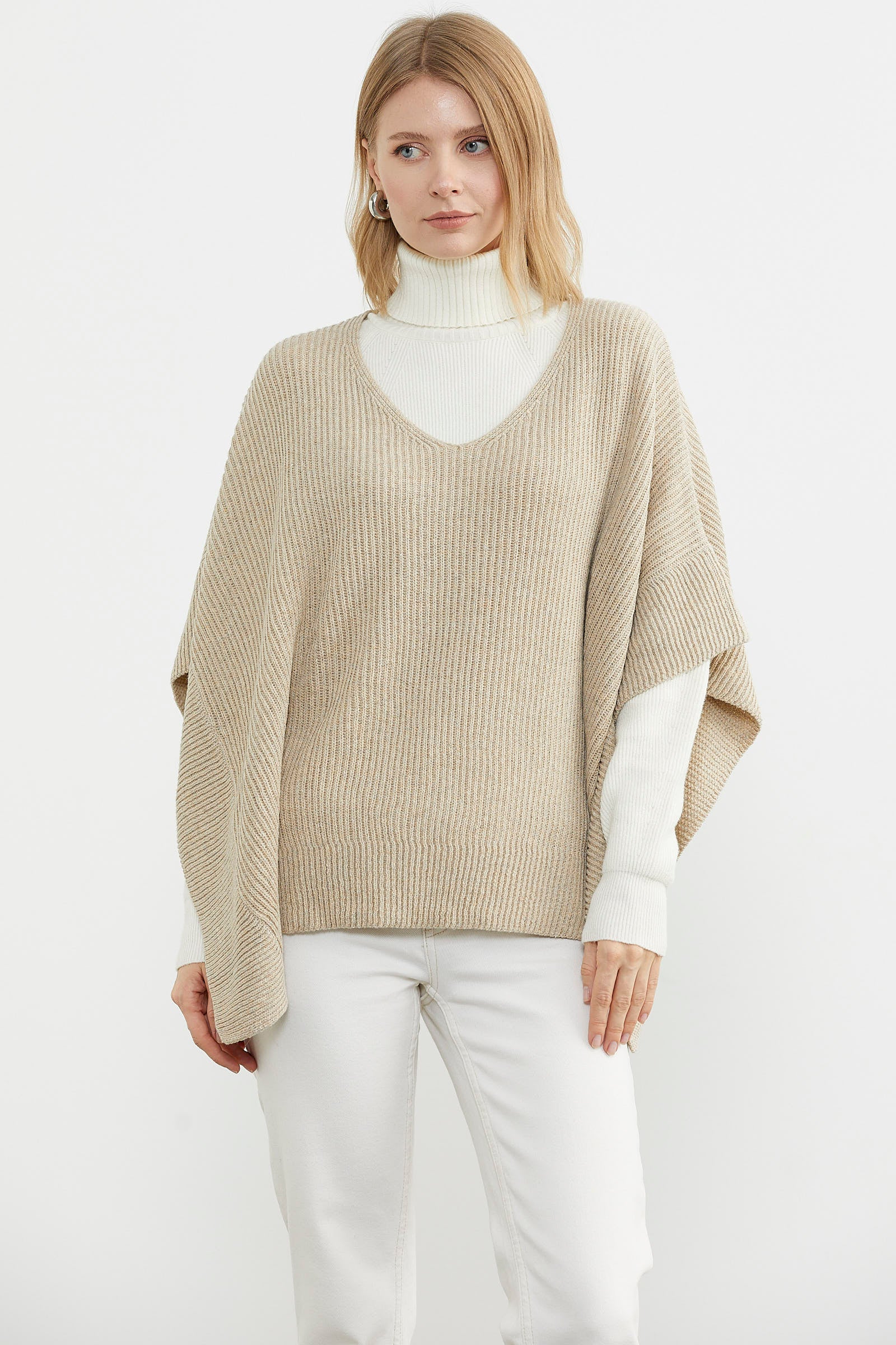 Bol Kesim V Yaka Triko Panço - Bej (2) Sementa