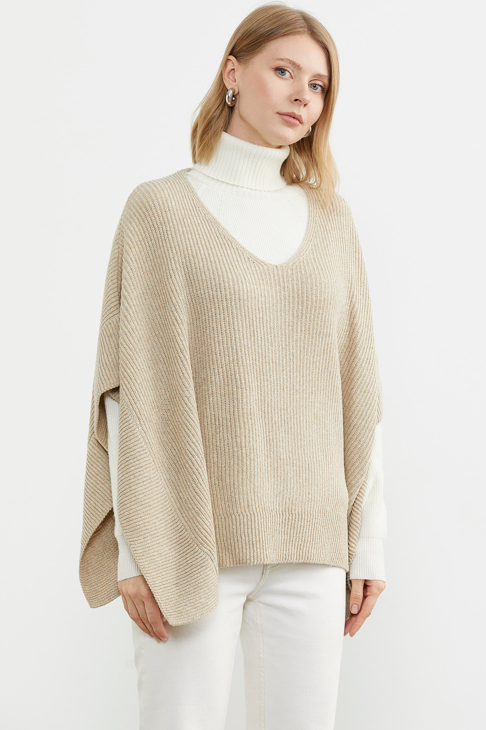 Bol Kesim V Yaka Triko Panço - Bej (3) Sementa