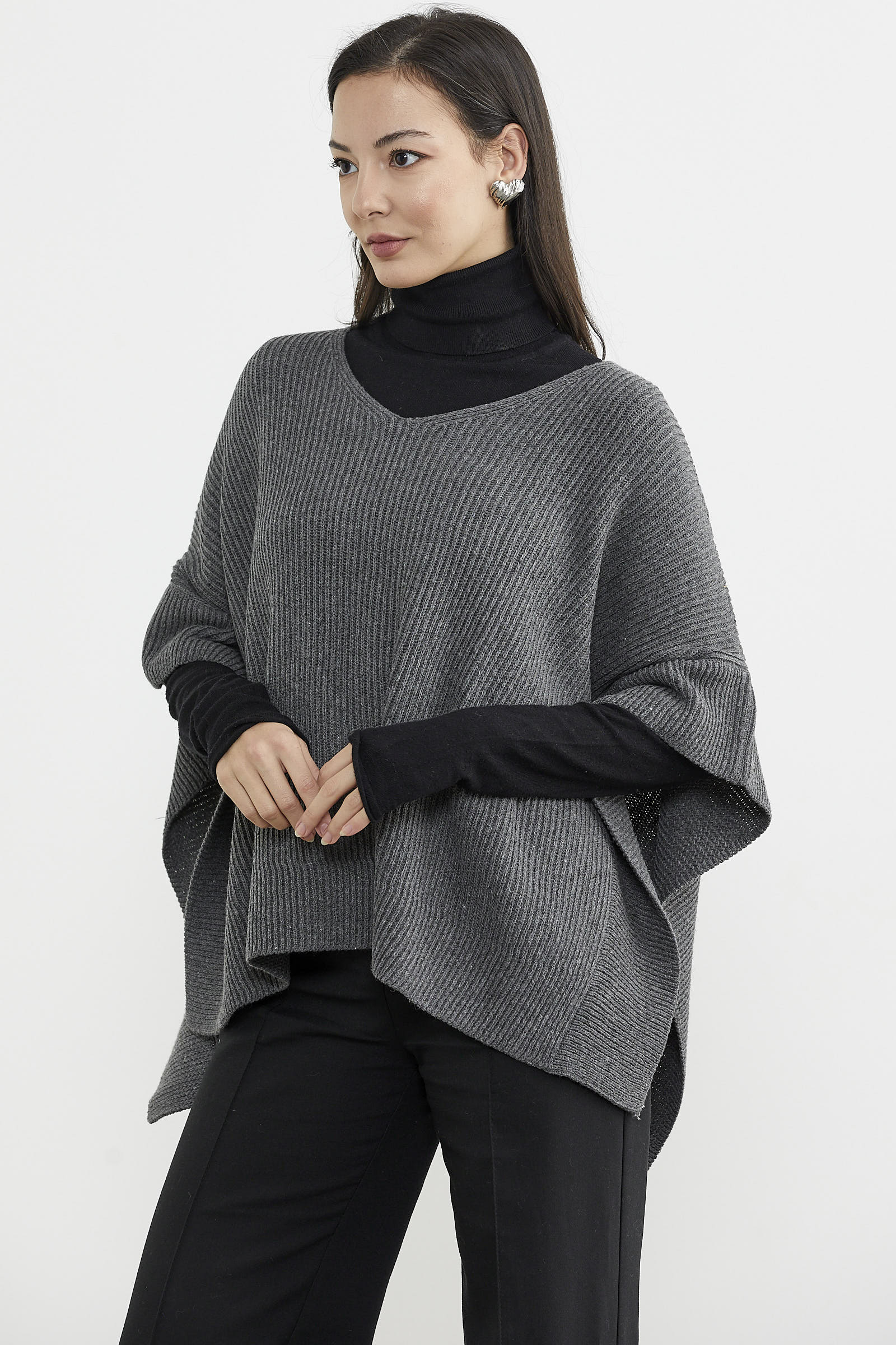 Bol Kesim V Yaka Triko Panço - Koyu Gri (4) Sementa