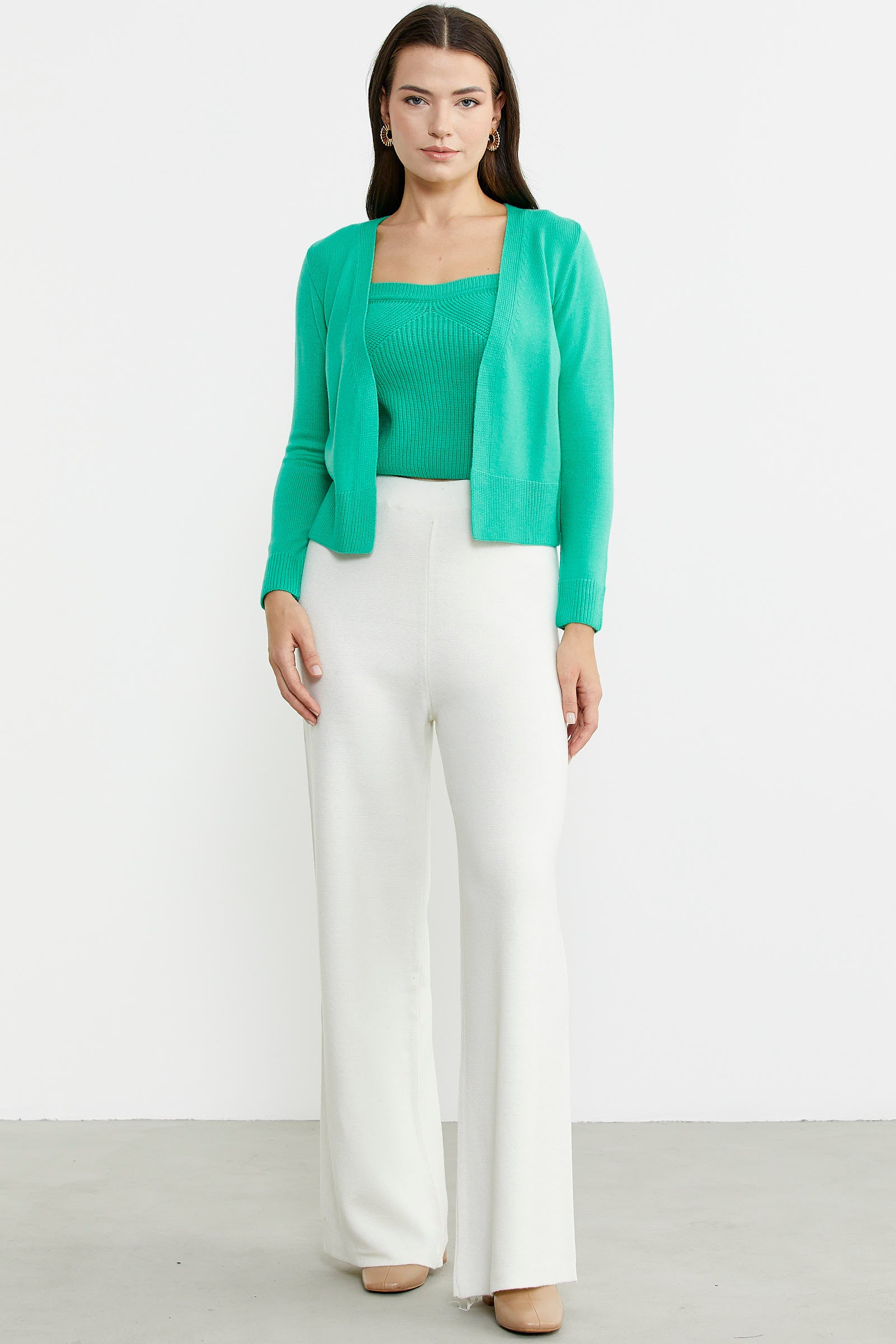 Bol Paça Lastikli Yünlü Triko Pantolon - Kemik - Sementa