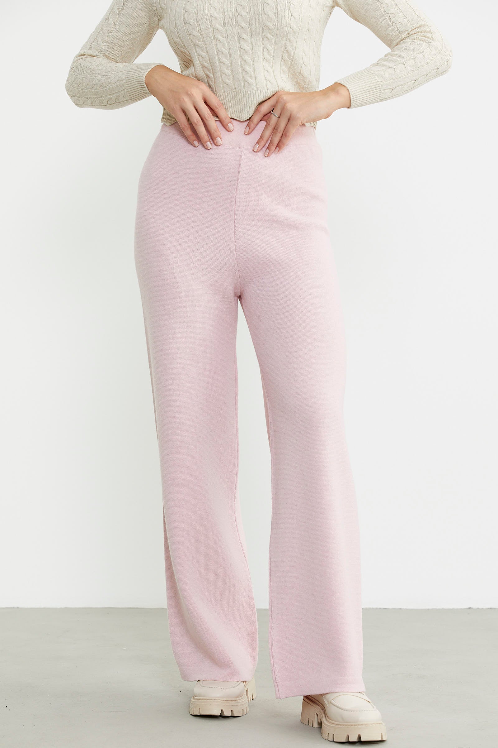 Bol Paça Lastikli Yünlü Triko Pantolon - Pembe - Sementa