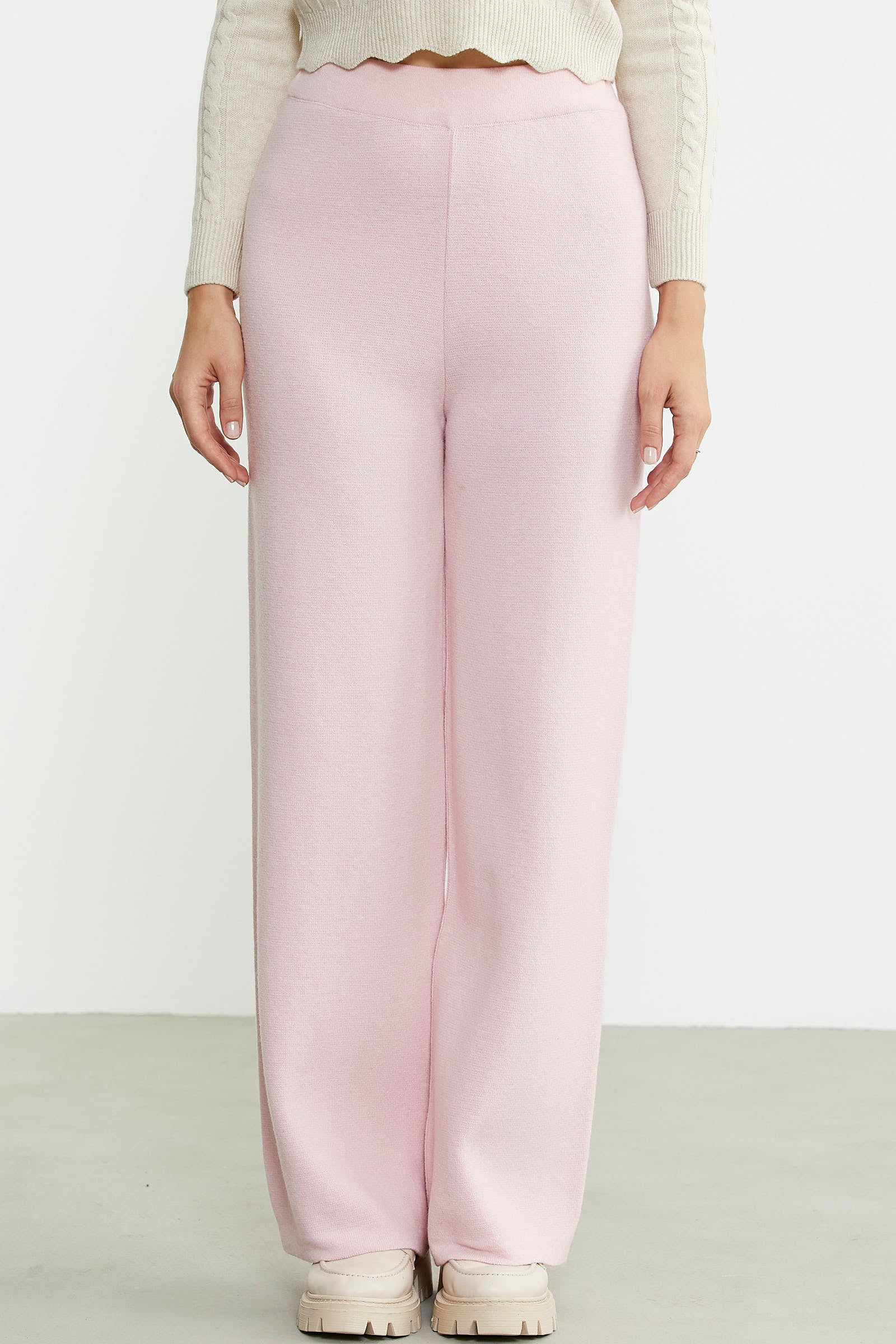 Bol Paça Lastikli Yünlü Triko Pantolon - Pembe - Sementa