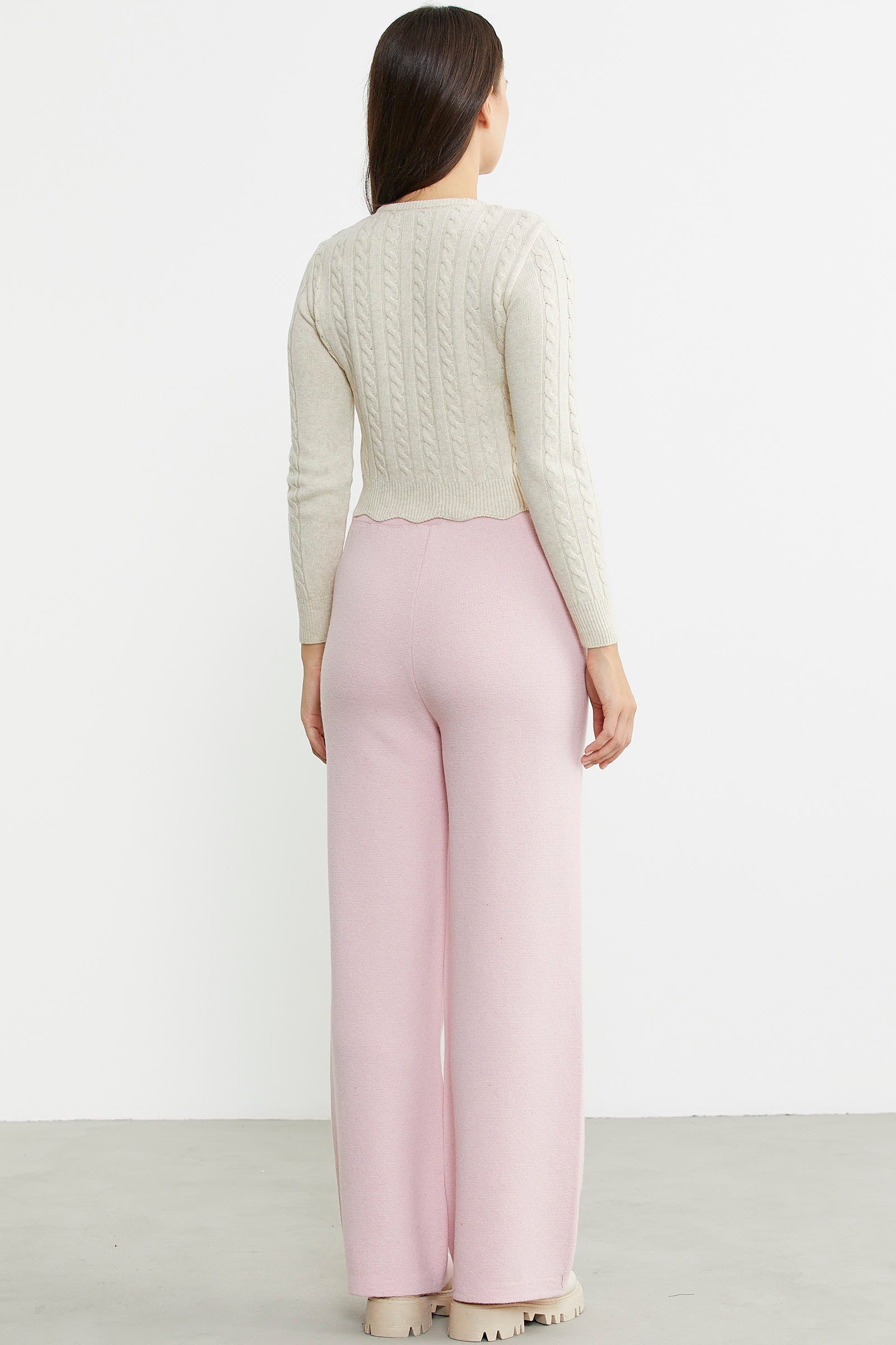 Bol Paça Lastikli Yünlü Triko Pantolon - Pembe - Sementa