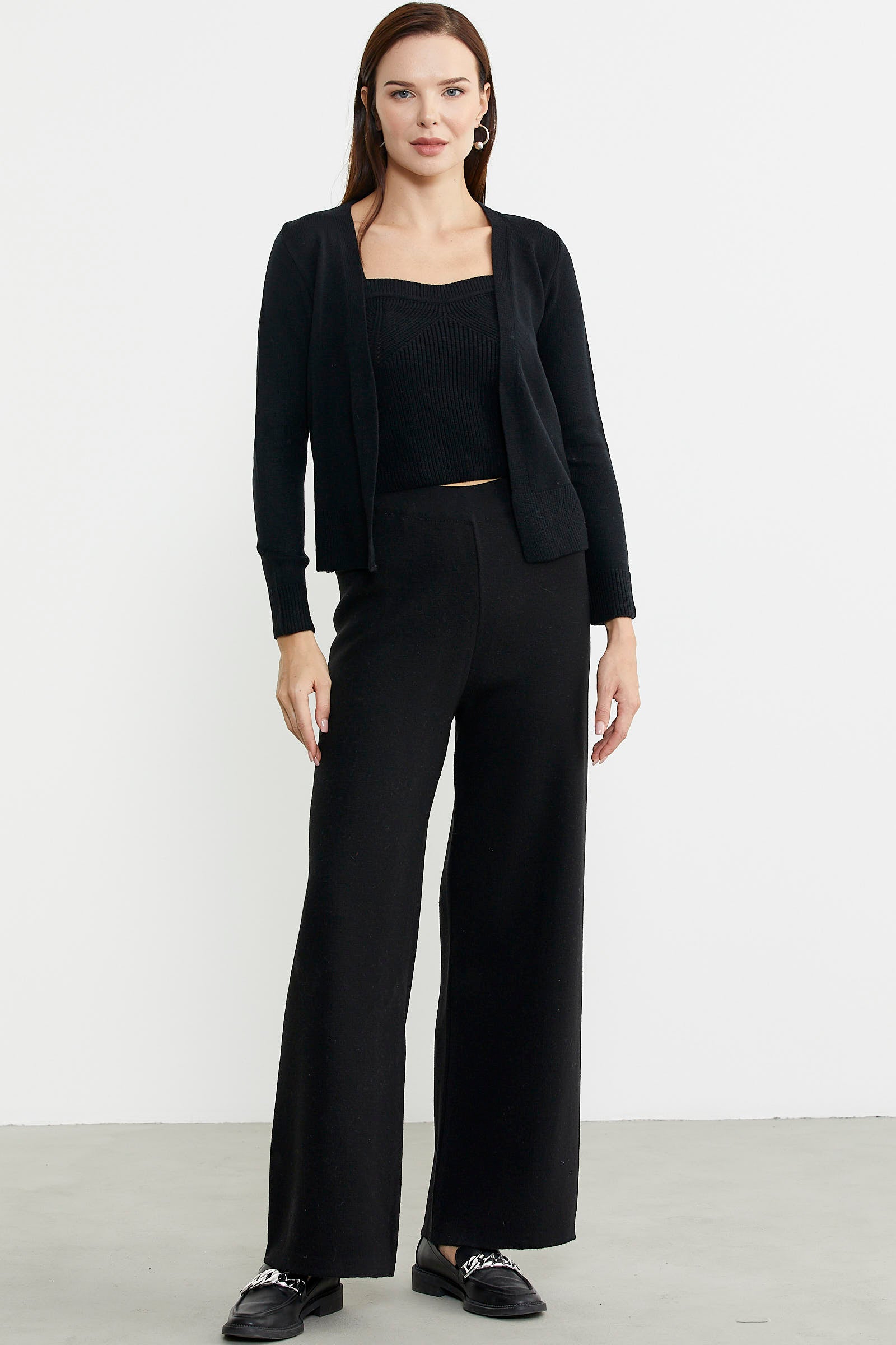 Bol Paça Lastikli Yünlü Triko Pantolon - Siyah - Sementa