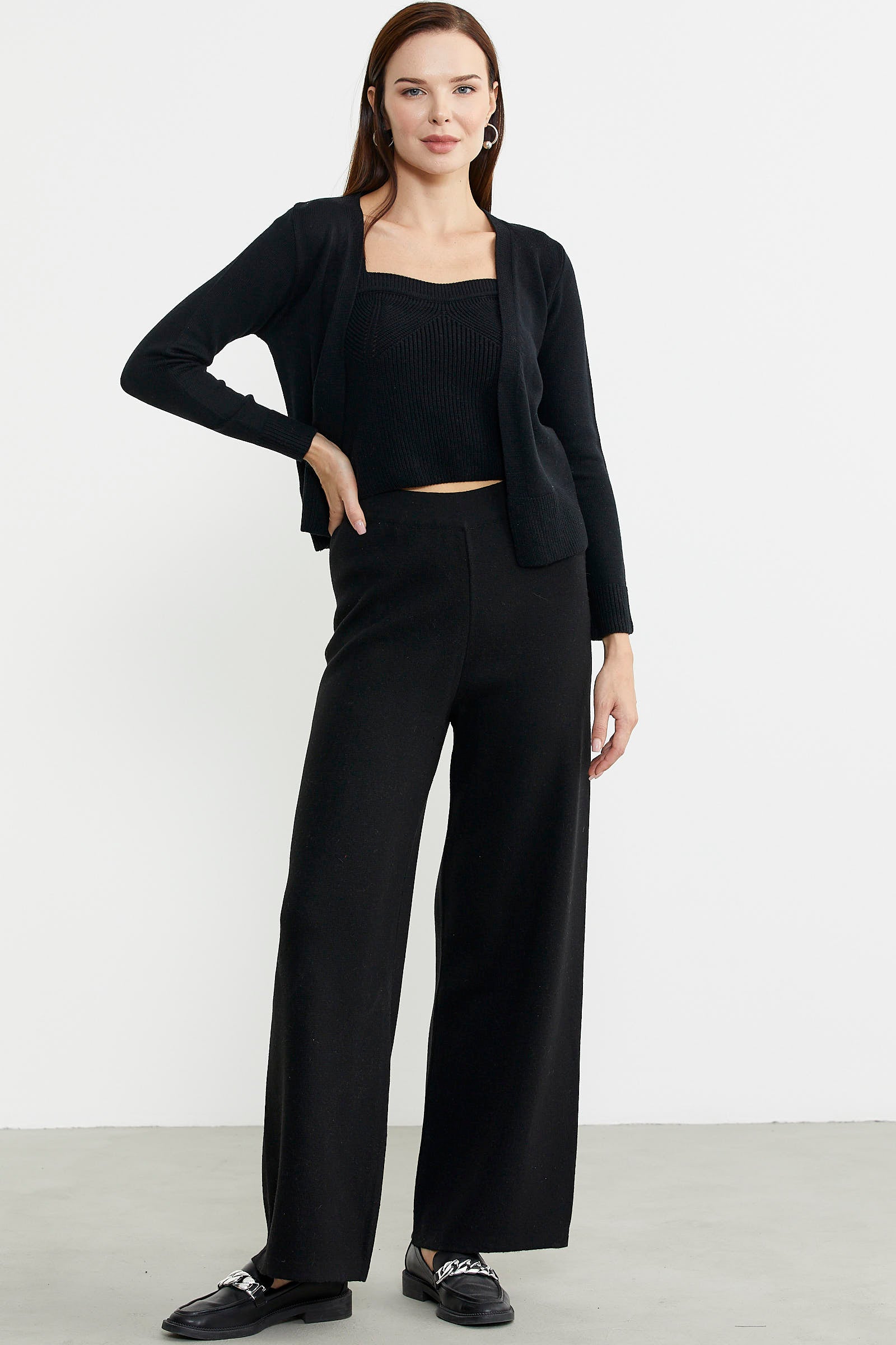 Bol Paça Lastikli Yünlü Triko Pantolon - Siyah - Sementa